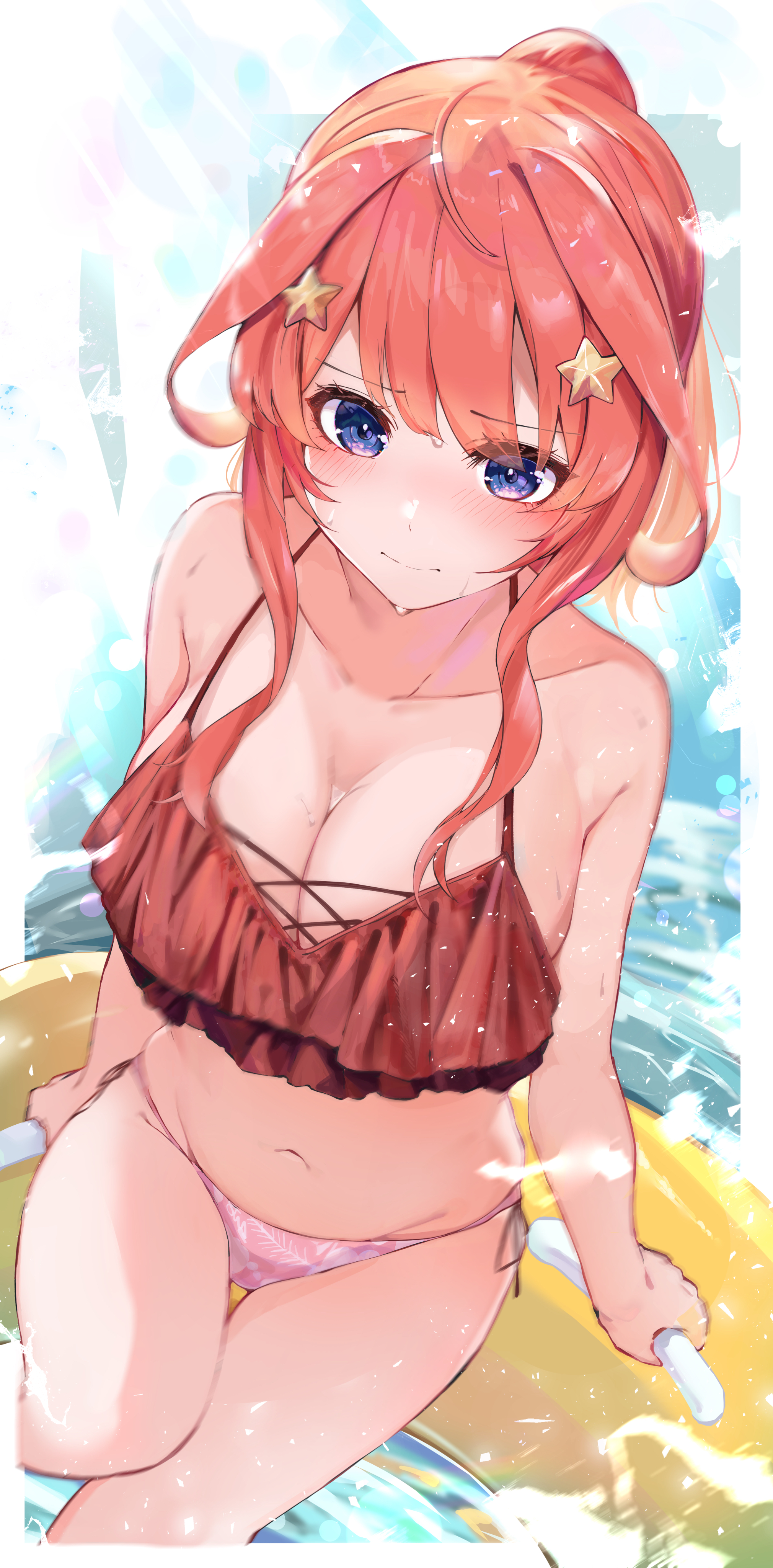 1girls, absurdres, ayama nano, bikini, blue eyes, blush, breasts, cleavage, closed mouth, collarbone, commentary request, female, frilled bikini, frills, go-toubun no hanayome, hair ornament, highres, large breasts, long hair, nakano itsuki, navel, pink bikini, red bikini, red hair, side-tie bikini bottom, sitting, solo, star (symbol), star hair ornament, swimsuit, two-tone bikini, wet