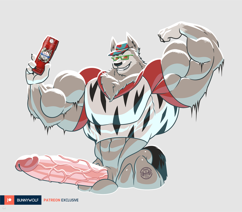 anthro balls bara baseball_cap big_balls big_penis boner erection flexing furry huge_cock hyper_penis male male_only mascot muscles muscular old_spice pantsless partially_submerged penis shirt solo solo_male sunglasses wet wolf wolfiecanem wolfthorn_(old_spice)