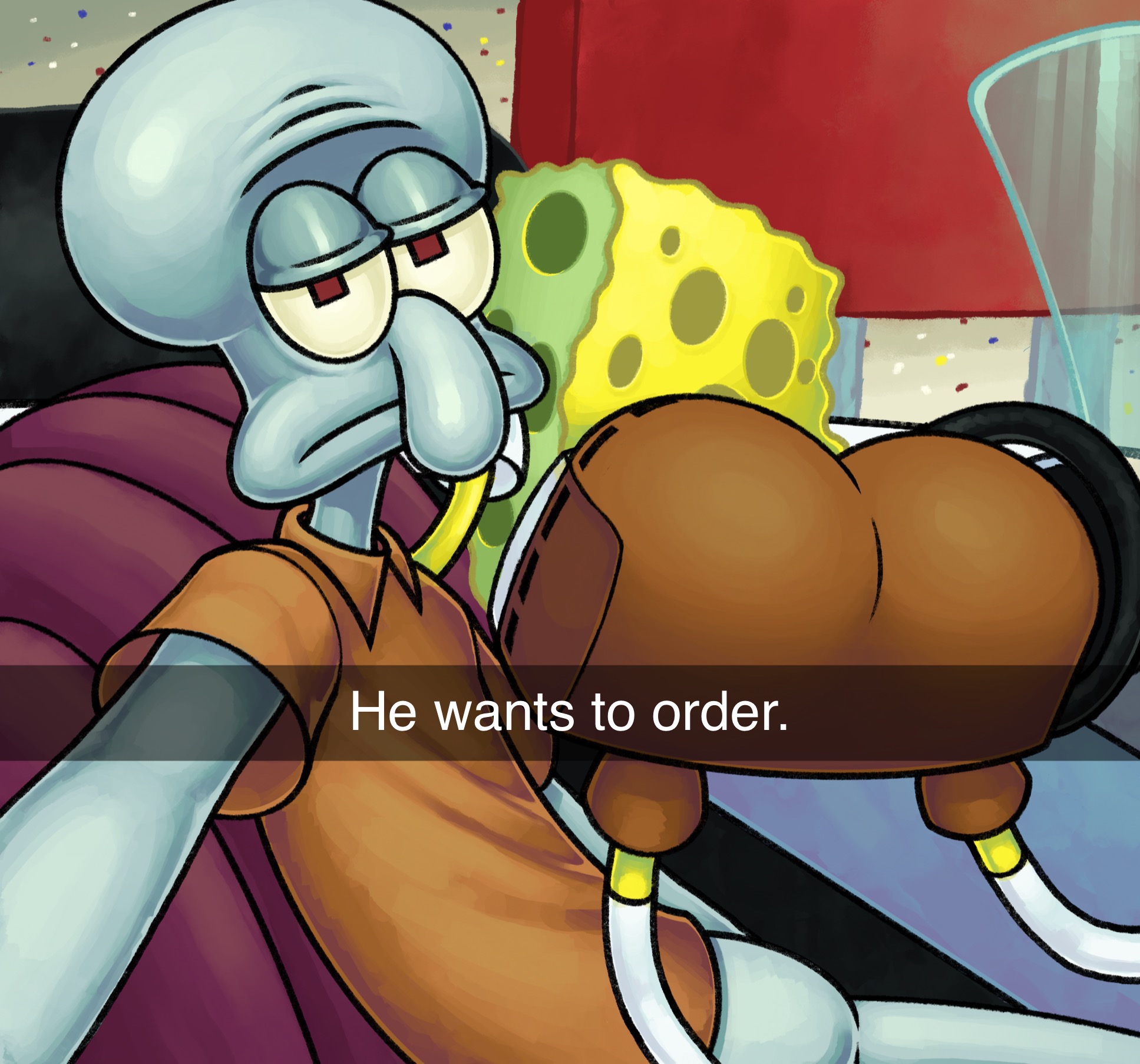 2boys, anthro, ass, big ass, big butt, cephalopod, dreamscreep, english text, he wants to order, male, male only, marine, meme, nickelodeon, octopodiform, octopus, sea sponge, self upload, smooth skin, spongebob squarepants, spongebob squarepants (character), spongebob squarepants (series), squidward tentacles, tagme
