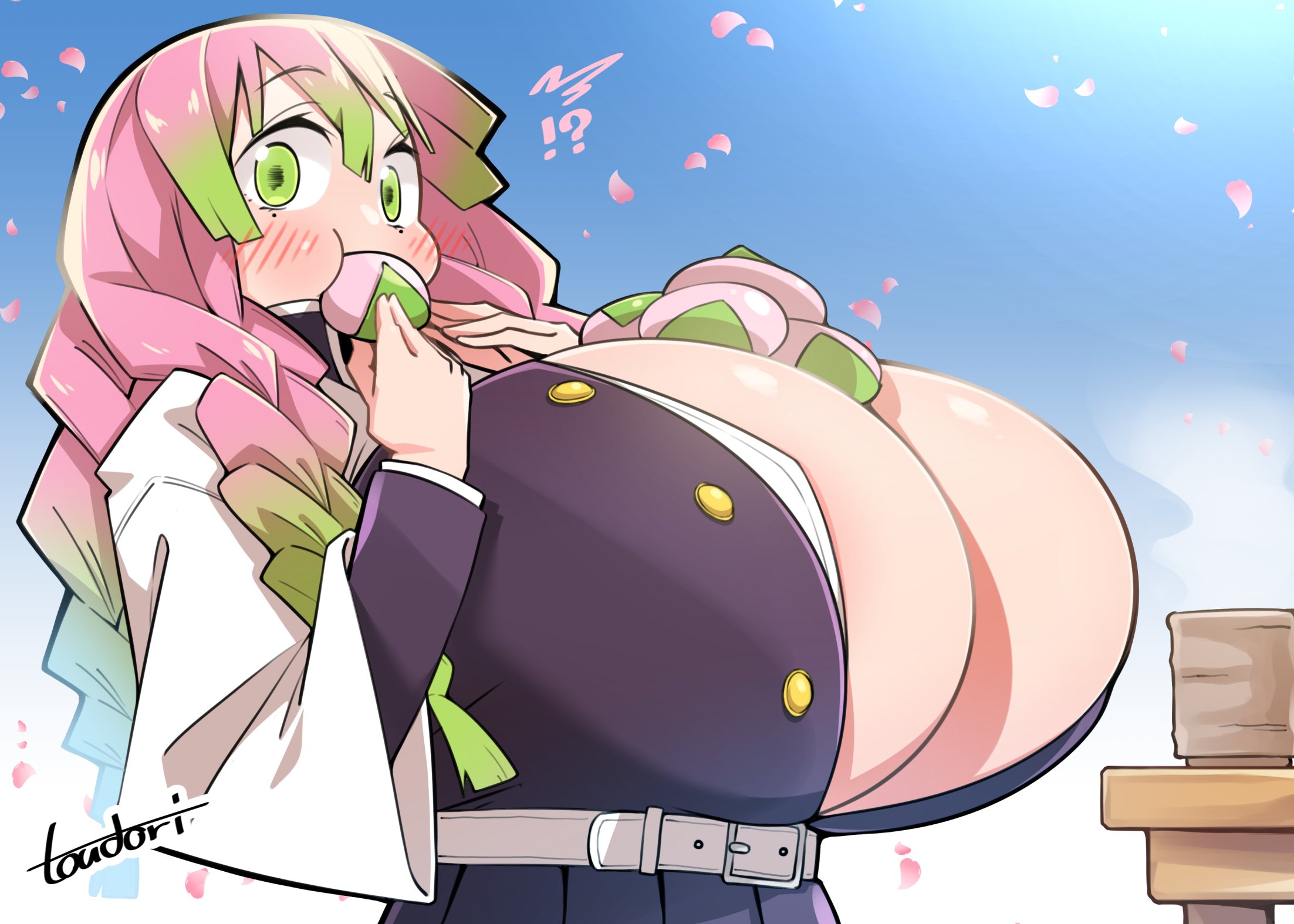 1girls, alternate breast size, blush, breasts, cleavage, clothed, demon slayer, eating, female, food, green eyes, green hair, holding object, huge breasts, hyper breasts, kanroji mitsuri, kimetsu no yaiba, light skin, light-skinned female, long hair, looking at viewer, object between breasts, outdoors, pink hair, toudori, two-tone hair
