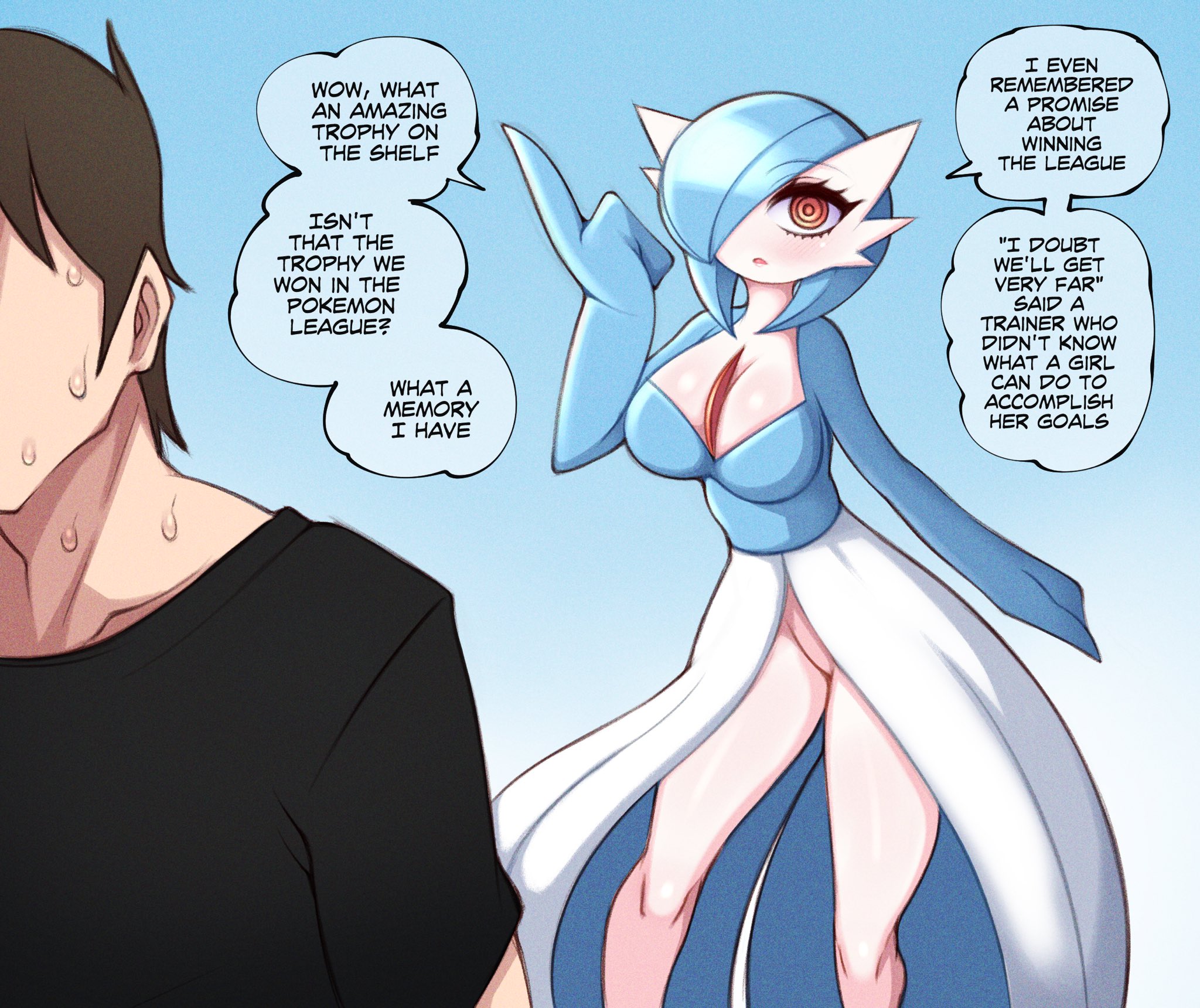 1boy, 1girls, blue hair, blush, breasts, brown hair, dialogue, english text, eyeless male, female, female focus, female pokemon, gardevoir, generation 3 pokemon, hi res, male, nintendo, orange eyes, pokémon (species), pokemon, pokemon (species), saltyxodium, shiny pokemon, speech bubble, sweat