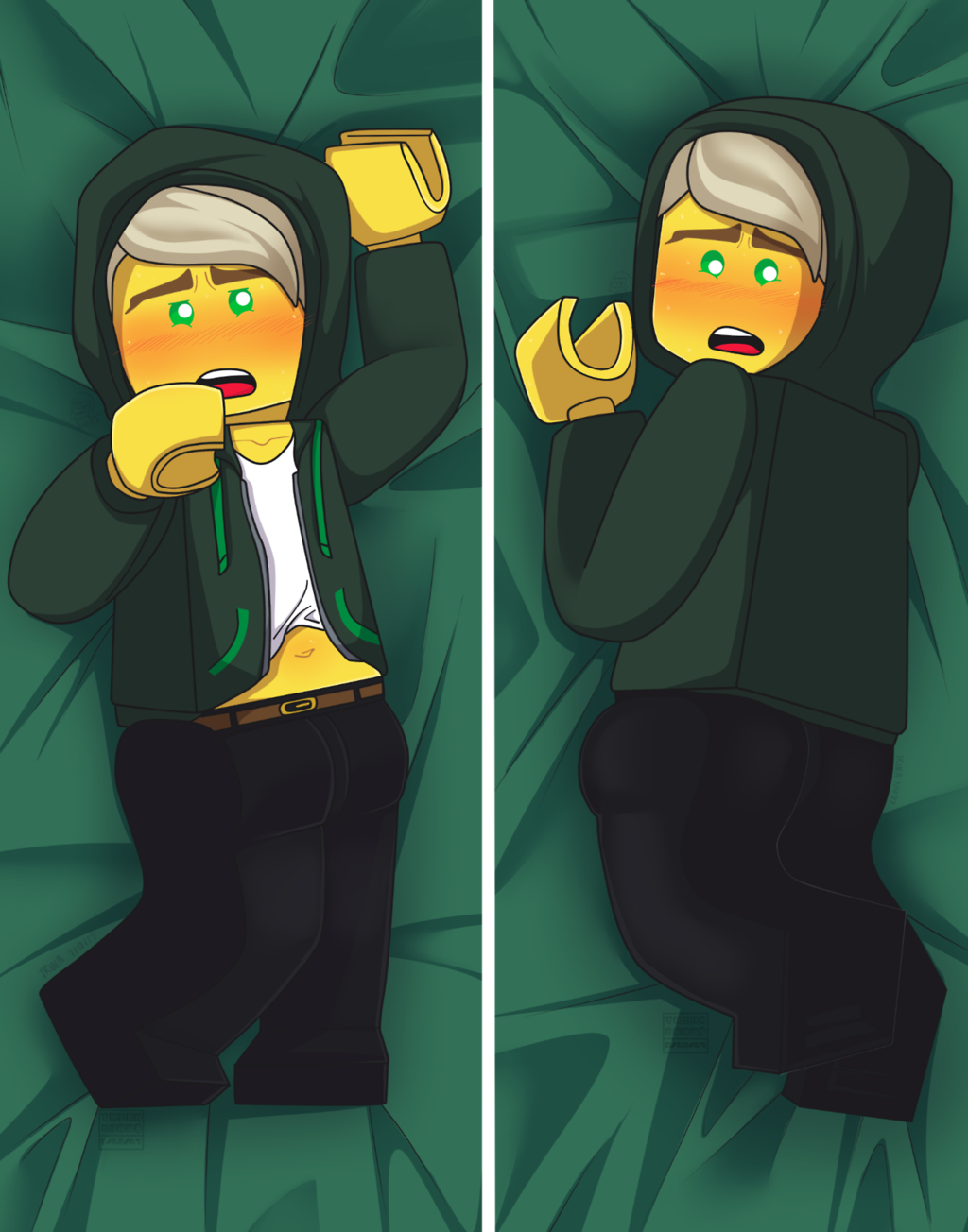 alternate_version_available blush blush_lines blushing_at_viewer bobateapenguin daki fully_clothed green_eyes laying_down laying_on_bed lego lego_anatomy lloyd_garmadon male male_only ninjago sfw the_lego_ninjago_movie trinaofdoom white_hair