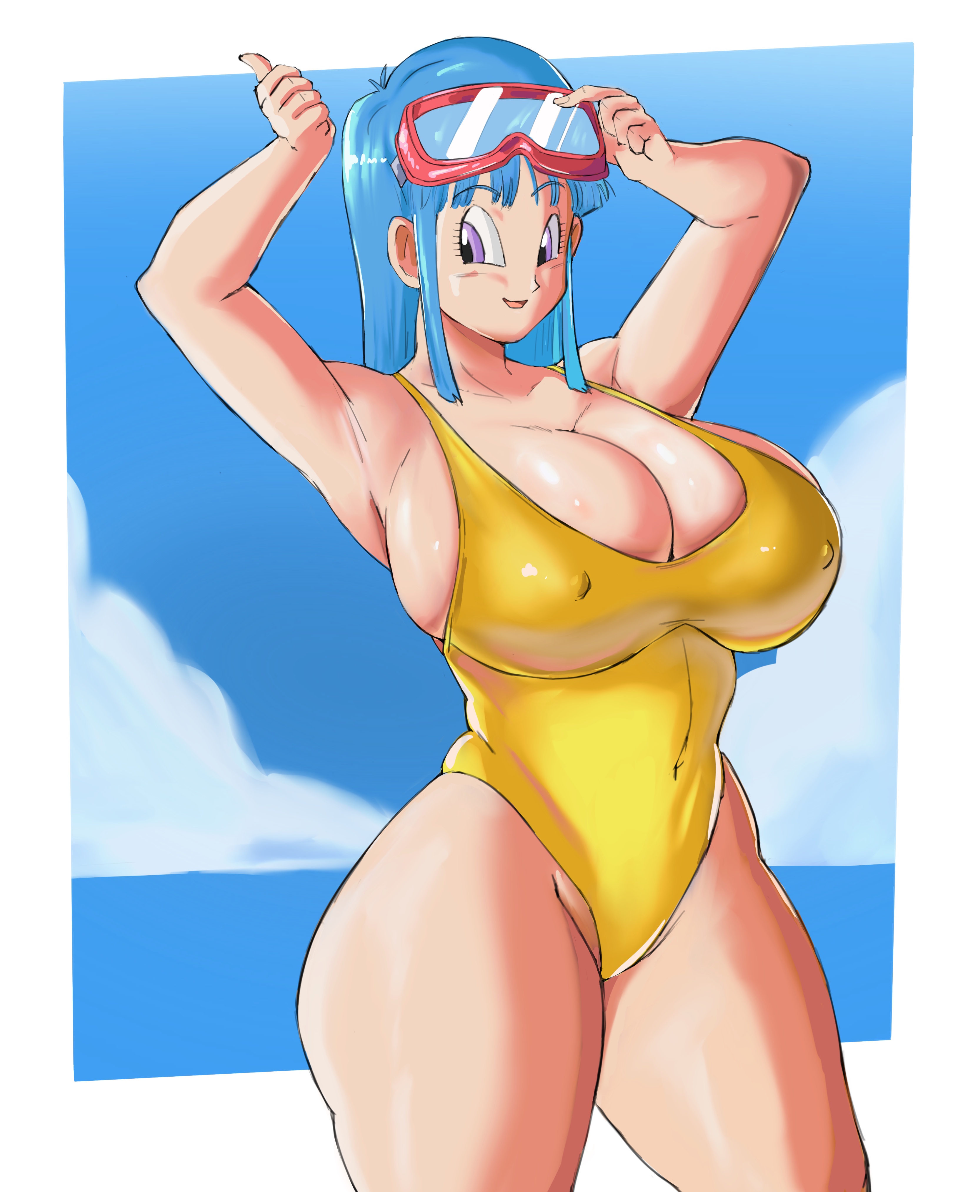 1girls, big breasts, blue hair, blue-haired female, breasts, canonical scene, dragon ball, dragon ball z, eyewear on head, female, female only, maron, panarandom, solo, solo female, swimsuit, toei animation, wide hips