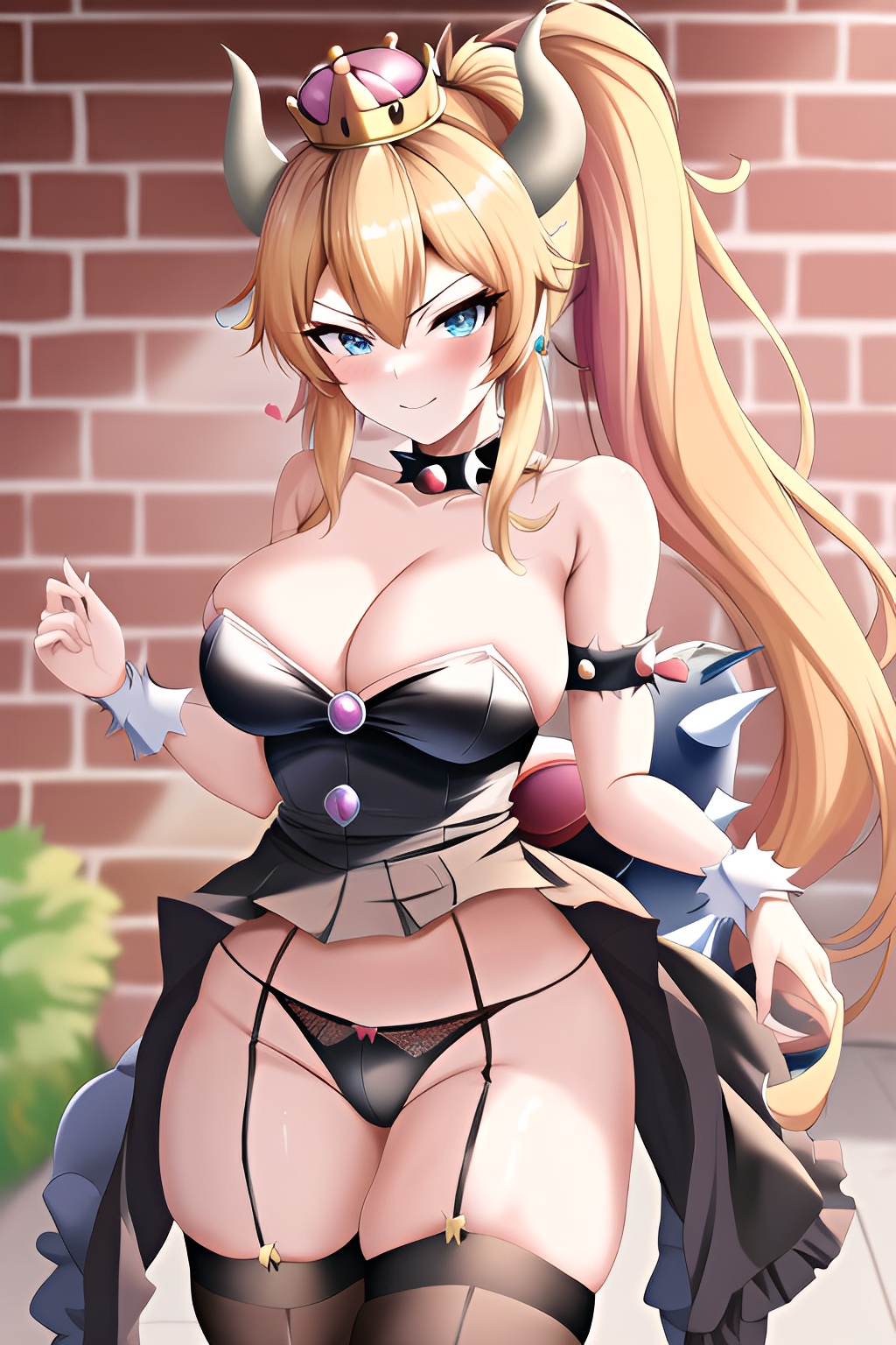 ai generated, blonde hair, blush, bowsette, breasts, choker, cleavage, crown, female, garter belt, horns, long hair, mario (series), new super mario bros. u deluxe, panties, ponytail, smile, thick thighs