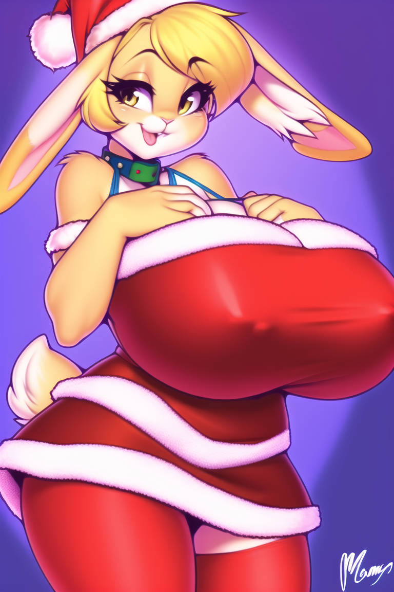 1girls 2022 ai_generated anthro blonde_hair breasts_bigger_than_head breasts_bigger_than_torso bunny_ears bunny_girl bunny_tail christmas christmas_outfit collar female_anthro female_only fur_trim furry furry_only hands_above_breasts huge_breasts milf novelai rabbit rabbit_ears red_clothing red_tights santa_costume santa_hat short_hair solo_focus stable_diffusion tights yellow_eyes yellow_fur