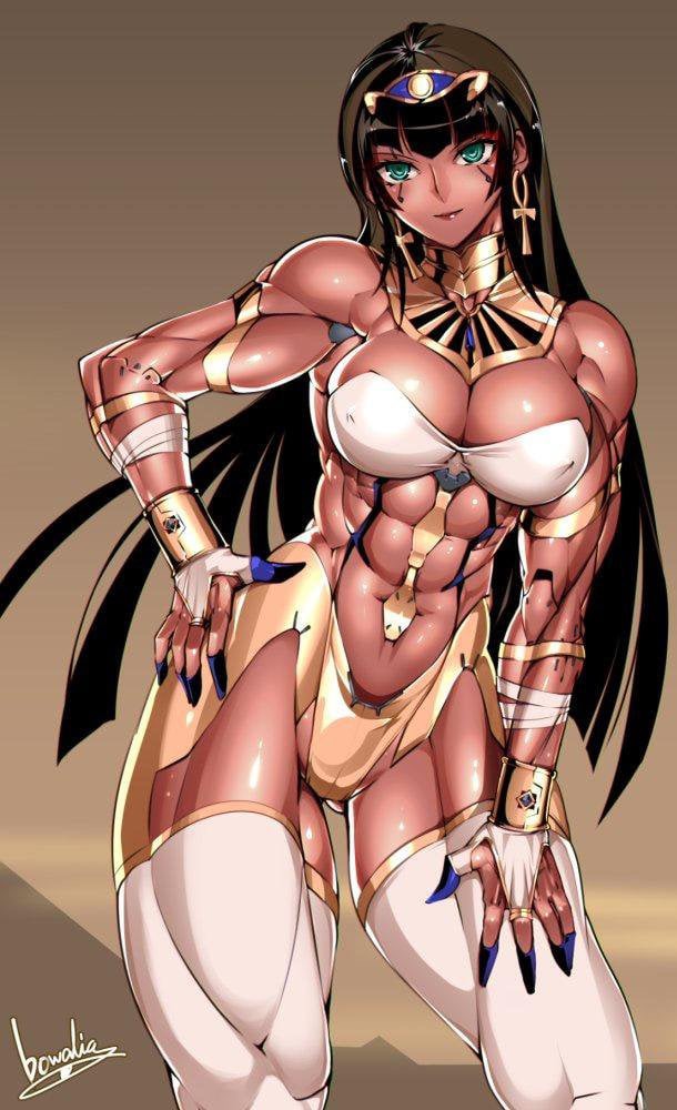 abs ancient_egypt ankh biceps big_breasts bowalia brown_hair cameltoe earrings egyptian egyptian_female fake_nails gold_jewelry green_eyes hand_on_hip looking_at_viewer muscular muscular_female nipples_visible_through_clothing seductive_pose six_pack thighhighs thunder_thighs