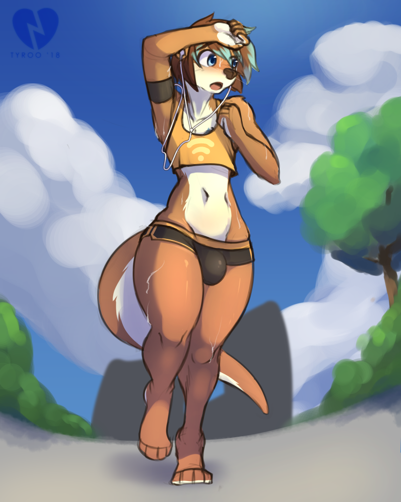 2018 anthro armband barefoot blue_eyes bodily_fluids bottomwear bulge clothed clothing detailed_background earbuds feet front_view full-length_portrait girly gym_bottomwear gym_clothing gym_shorts hand_on_head headphones looking_aside male mammal midriff mustelid nature otter outside plant portrait running shirt shorts skimpy solo sportswear sweat tank_top thick_thighs topwear tree tyroo watermark wide_hips