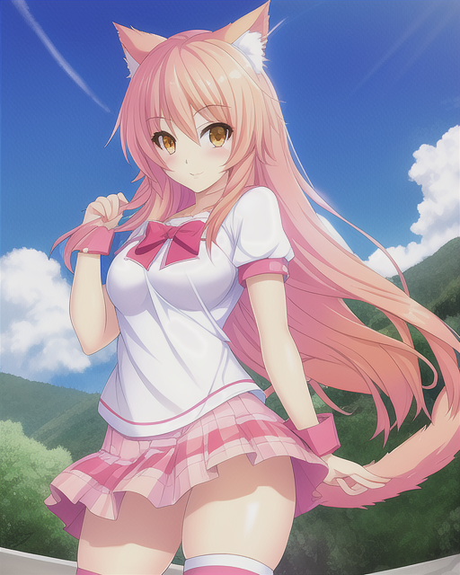 ai_generated amber_eyes aphmau_(youtuber) average_breasts blush blushing_at_viewer bow bow_tie bowtie cat_ears cat_tail catgirl cuffs cute female female_focus female_only hair_blowing kawaii kawaii_chan legwear lim3n_ai long_hair looking_at_viewer normal_breasts orange_eyes outside pink_bow pink_hair pink_legwear pink_skirt skirt small_breasts smile smiling smiling_at_viewer thick_thighs white_shirt wind