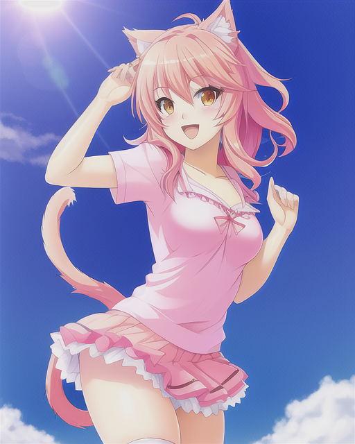 ai_generated amber_eyes aphmau_(youtuber) average_breasts blush blushing_at_viewer cat_ears cat_tail catgirl cute female female_focus female_only hair_blowing kawaii kawaii_chan lim3n_ai looking_at_viewer normal_breasts open_mouth open_smile orange_eyes outside pink_hair pink_shirt pink_skirt skirt small_breasts smile smiling smiling_at_viewer thick_thighs