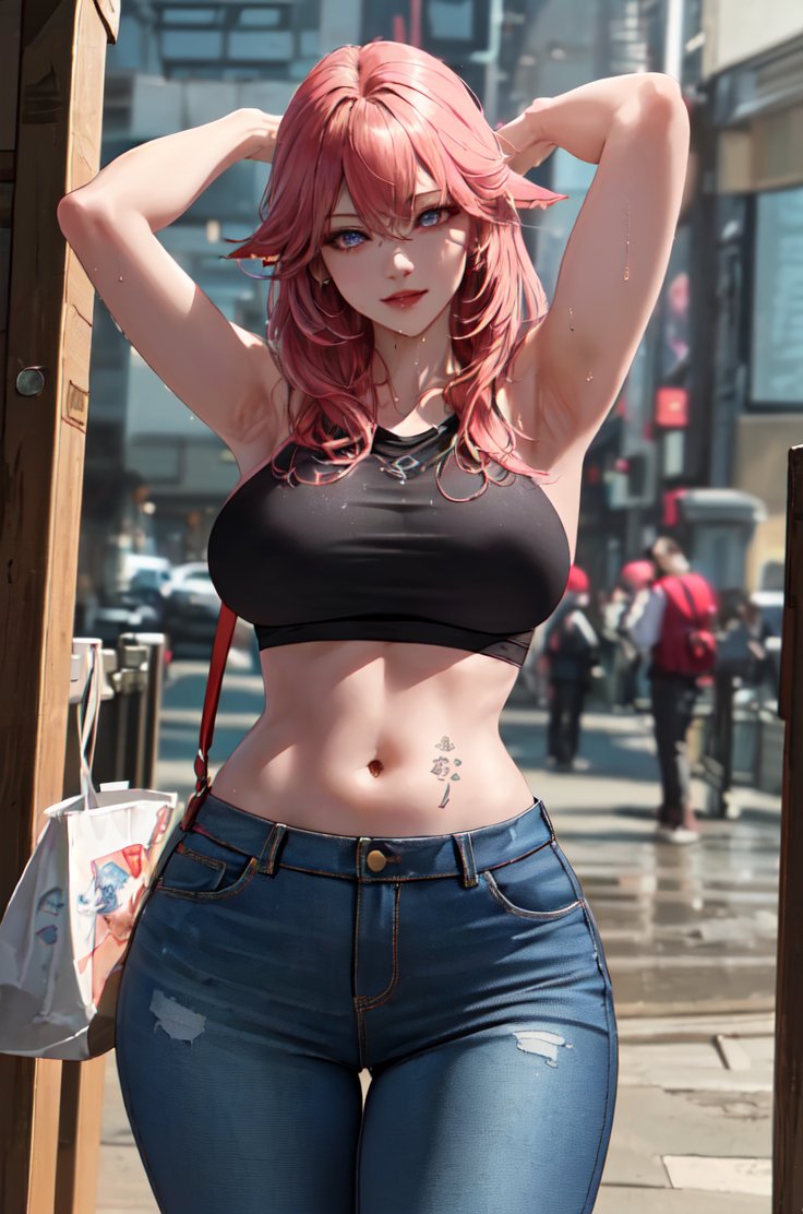 1girls, ai generated, armpits, arms behind back, arms up, curvaceous, curvy body, curvy female, curvy figure, denim jeans, female, female only, genshin impact, hands-free, hi res, jeans, long hair, looking at viewer, mihoyo, outdoors, people in background, pink hair, public, seductive smile, solo, stable diffusion, street, tattoo, yae miko