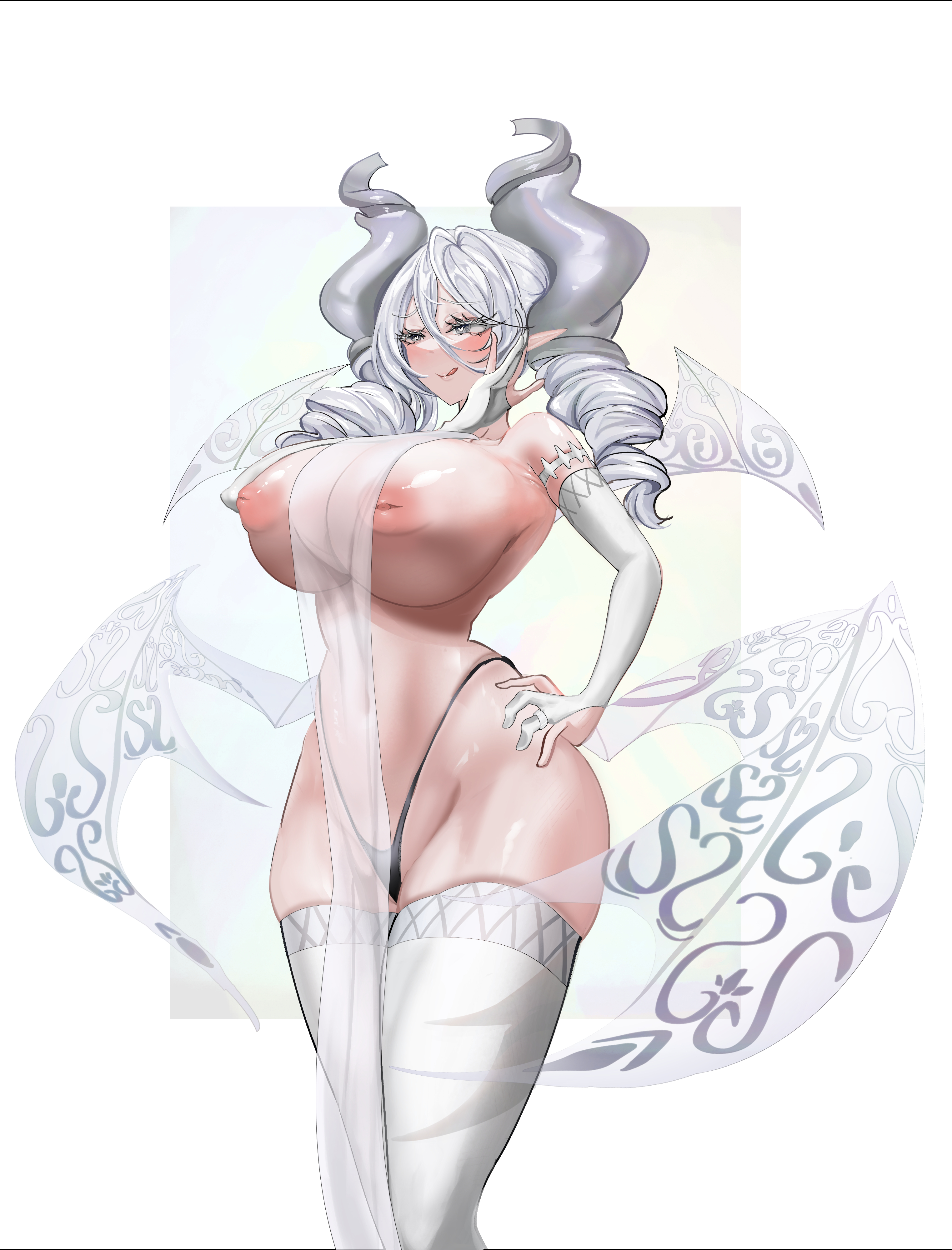 blush, breasts, demon, demon girl, duel monster, female, female only, gloves, hand on hip, horns, huge breasts, kabic3729, labrynth of the silver castle, laughing, legwear, lovely labrynth of the silver castle, nipples, thighs, voluptuous, white background, white hair, wings, yu-gi-oh!