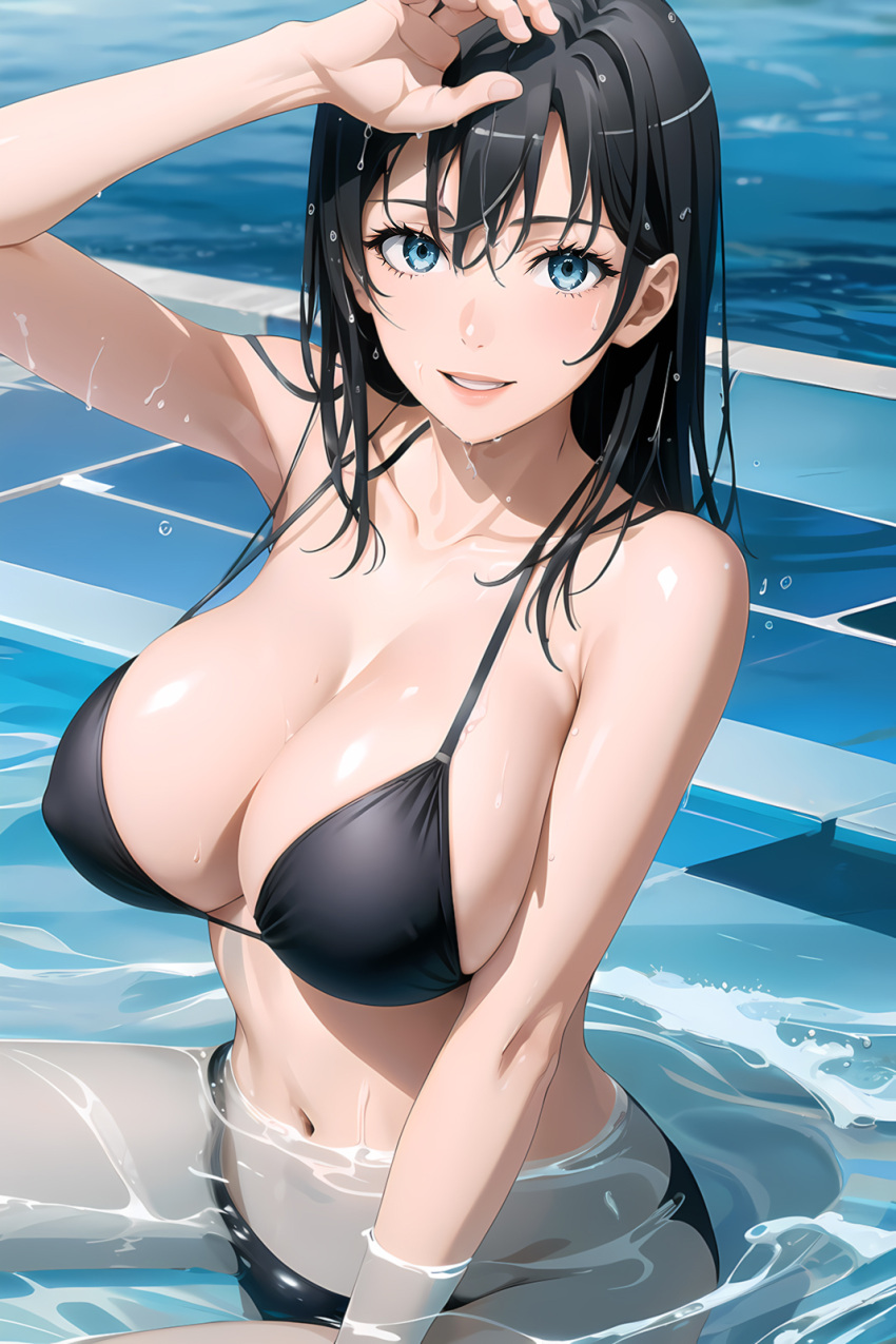 1girls ai_generated alluring big_breasts bikini black_hair blue_eyes cleavage female female_only hiratsuka_shizuka my_teen_romantic_comedy_snafu solo swimming_pool wet zengai