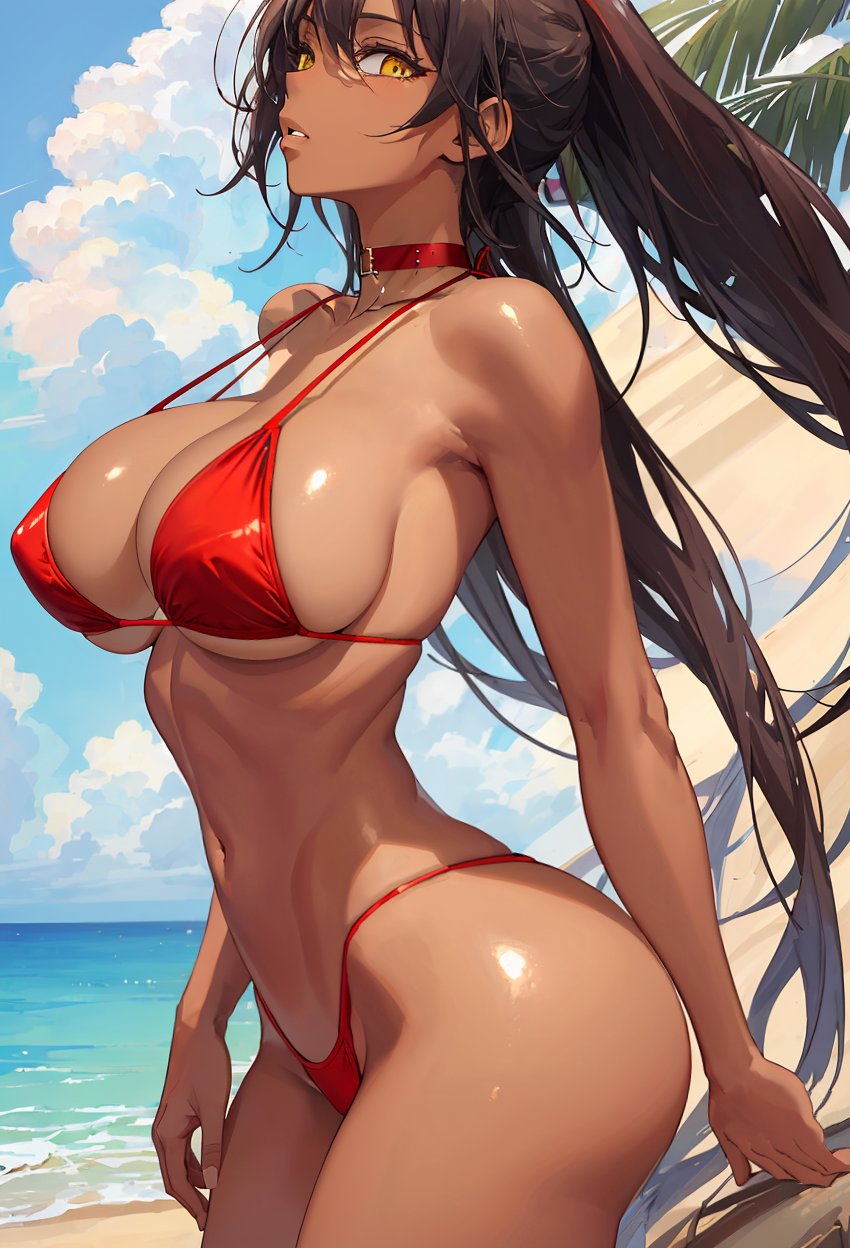 1girls, ai generated, bikini, black hair, curvaceous, curvy body, curvy female, curvy figure, female, female focus, hi res, high resolution, long hair, ponytail, red bikini, seductive look, stable diffusion, voluptuous female