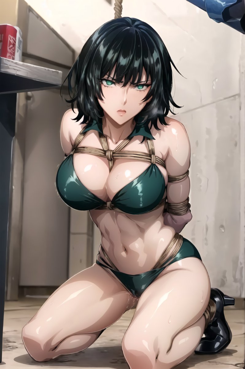 1girls, ai generated, bikini, curvaceous, curvy body, curvy female, curvy figure, female, fubuki (one-punch man), green eyes, hi res, high heels, high resolution, one-punch man, rope bondage, seductive eyes, stable diffusion, underwear