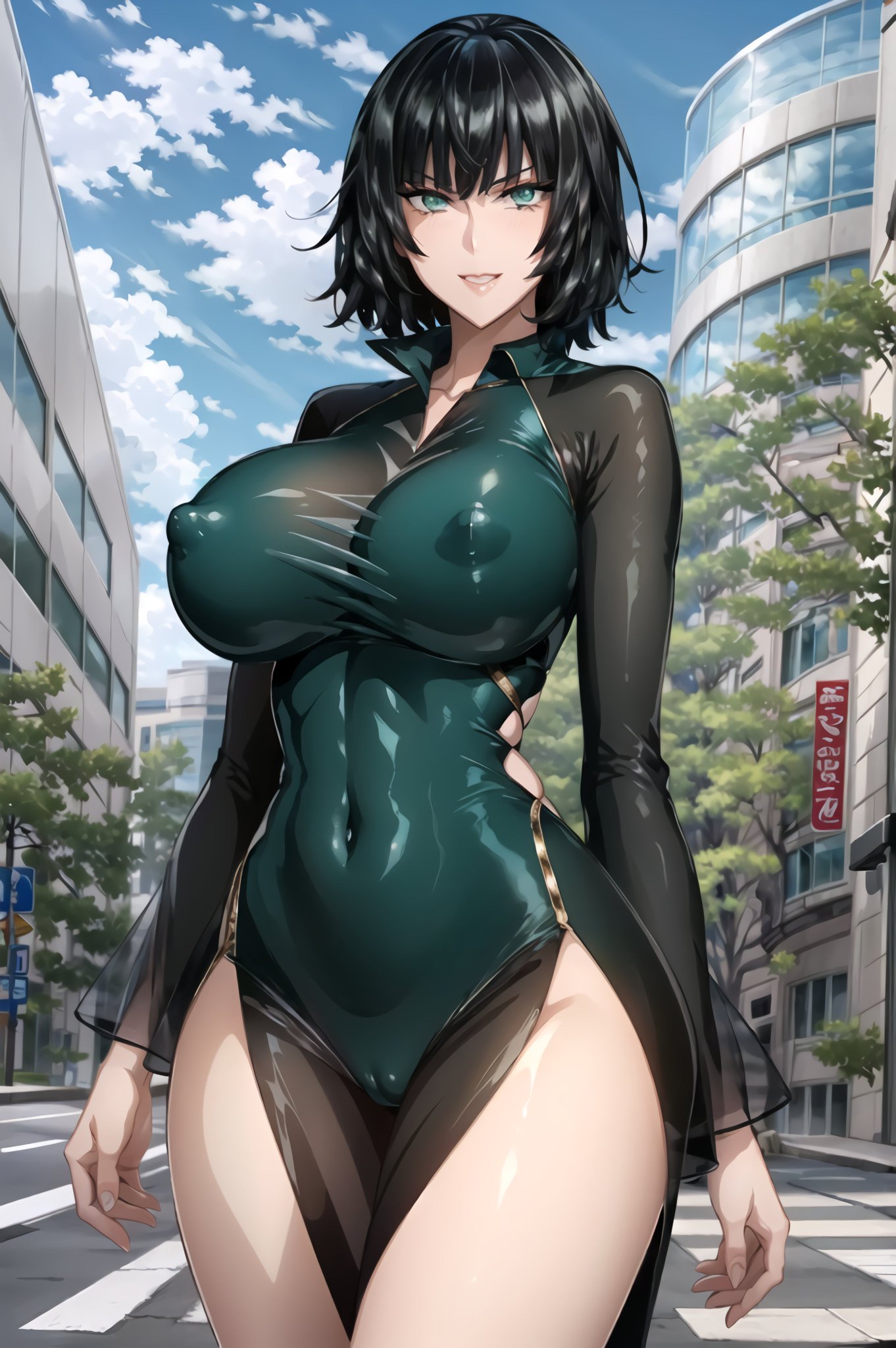 1girls, ai generated, breasts, curvaceous, curvy body, curvy female, curvy figure, dress, female, fubuki (one-punch man), green eyes, green hair, huge breasts, latex suit, leotard, lingerie, one-punch man, seductive look, see-through, see-through clothing, skin tight, stable diffusion, translucent, translucent clothing, transparent clothing