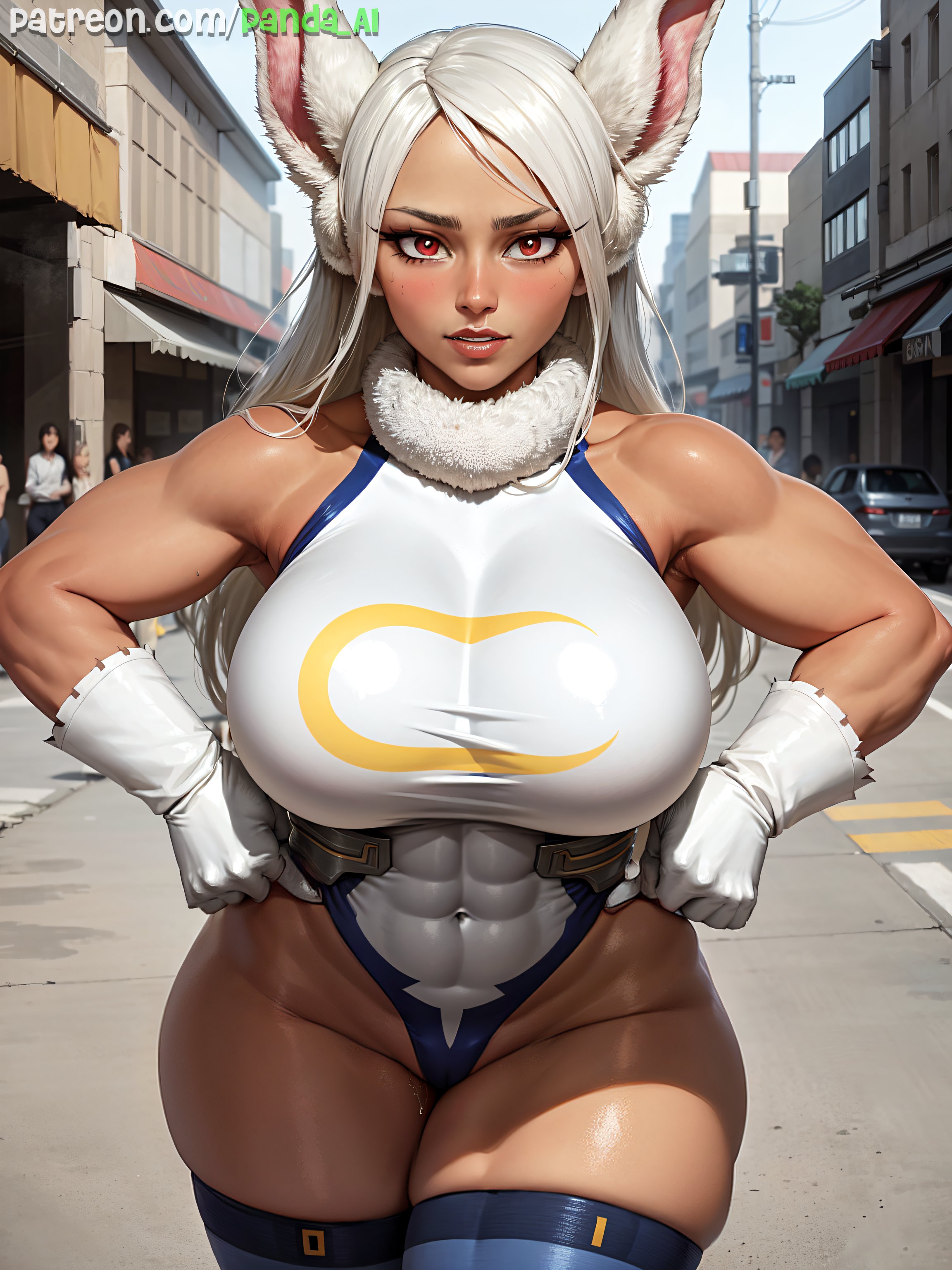 1girls, abs, ai generated, breasts, brown skin, dark skin, dark-skinned female, female, hero outfit (mha), hips, huge breasts, leotard, long hair, looking at viewer, miruko, muscular, muscular female, my hero academia, outdoors, panda ai, panda-ai, rabbit ears, red eyes, rumi usagiyama, stable diffusion, thick thighs, thighs, white hair, wide hips