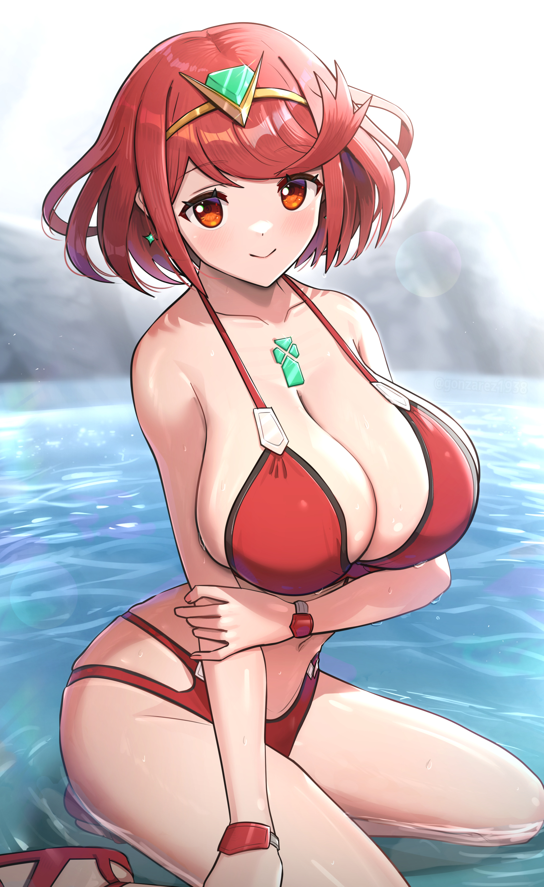 1girls, bangs, bikini, breasts, core crystal, female, gonzarez, hi res, huge breasts, light skin, light-skinned female, looking at viewer, nintendo, pyra, red eyes, red hair, short hair, smile, swept bangs, swimsuit, thick thighs, xenoblade (series), xenoblade chronicles 2
