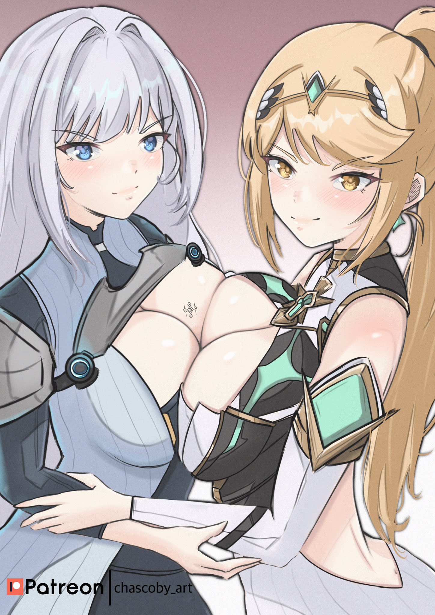 2girls, absurd res, asymmetrical bangs, bangs, bare shoulders, big breasts, blonde hair, blue eyes, blush, breast press, breast squish, breast tattoo, breast to breast, breasts, breasts against chest, breasts to breasts, breasts together, busty, chascoby, cleavage, closed mouth, core crystal, dress, duo, duo focus, ethel (xenoblade), female, female only, female/female, grey clothing, grey jacket, highres, holding arms, jacket, large breasts, long hair, looking at viewer, mythra, nintendo, ponytail, silver hair, smile, smiling, tattoo, tiara, very long hair, white dress, xenoblade (series), xenoblade chronicles 2, xenoblade chronicles 3, yellow eyes, yuri