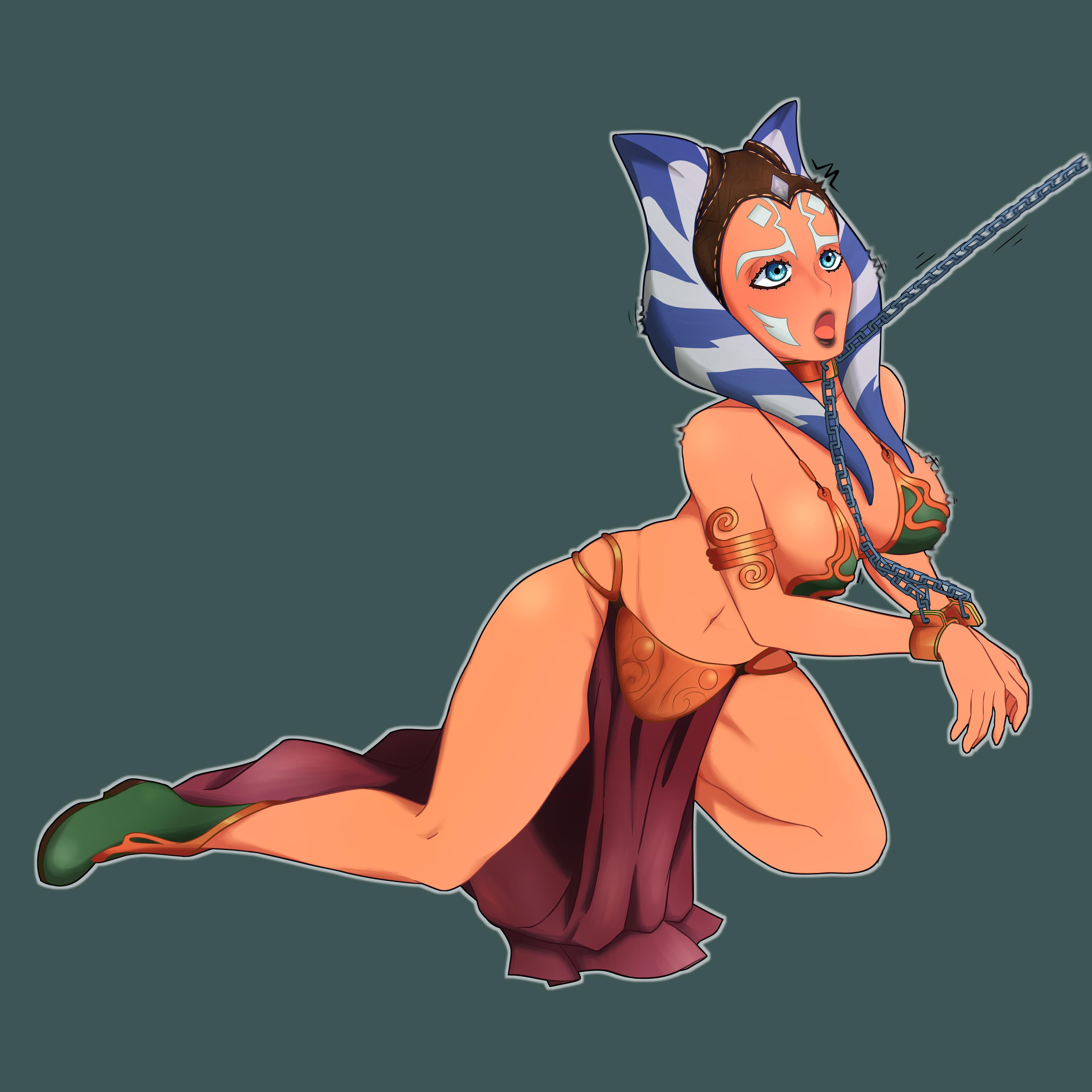 1girls, ahsoka tano, belly dancer, belly dancer outfit, blue eyes, boots, breasts, chain leash, chained, female, female only, harem girl, harem outfit, jedi, large breasts, loincloth, okcommish, orange skin, slave, slave bikini, slave collar, slave girl, slave leia (cosplay), slave outfit, star wars, the clone wars: season seven, togruta, wrist cuffs