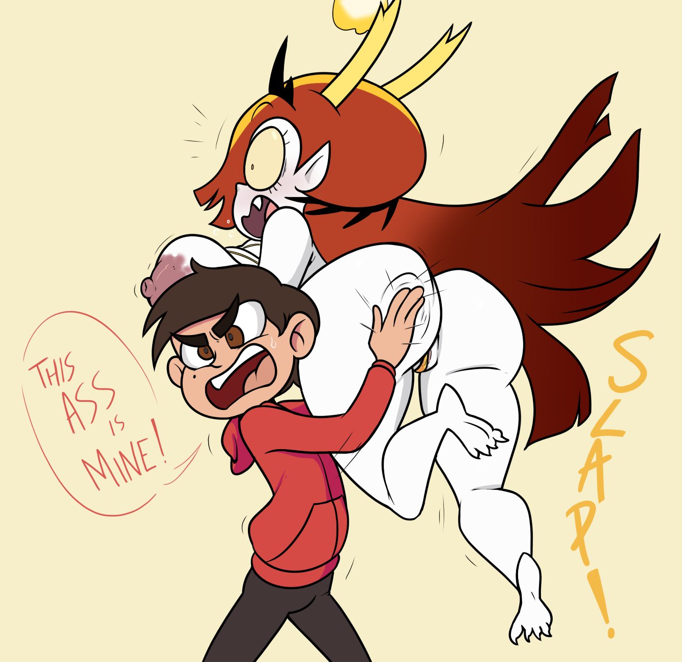 1boy, 1girls, areolar amelanism, carrying, carrying partner, completely nude, dark skin, dark-skinned male, disney, disney channel, disney xd, english text, female, fixed, full body, hekapoo, horns, human, humanoid, latino, long hair, male, marco diaz, naked, naked female, nude, nude female, red hair, slap, slapping butt, star vs the forces of evil, terrible the drawfag, thick thighs, white skin, wide hips