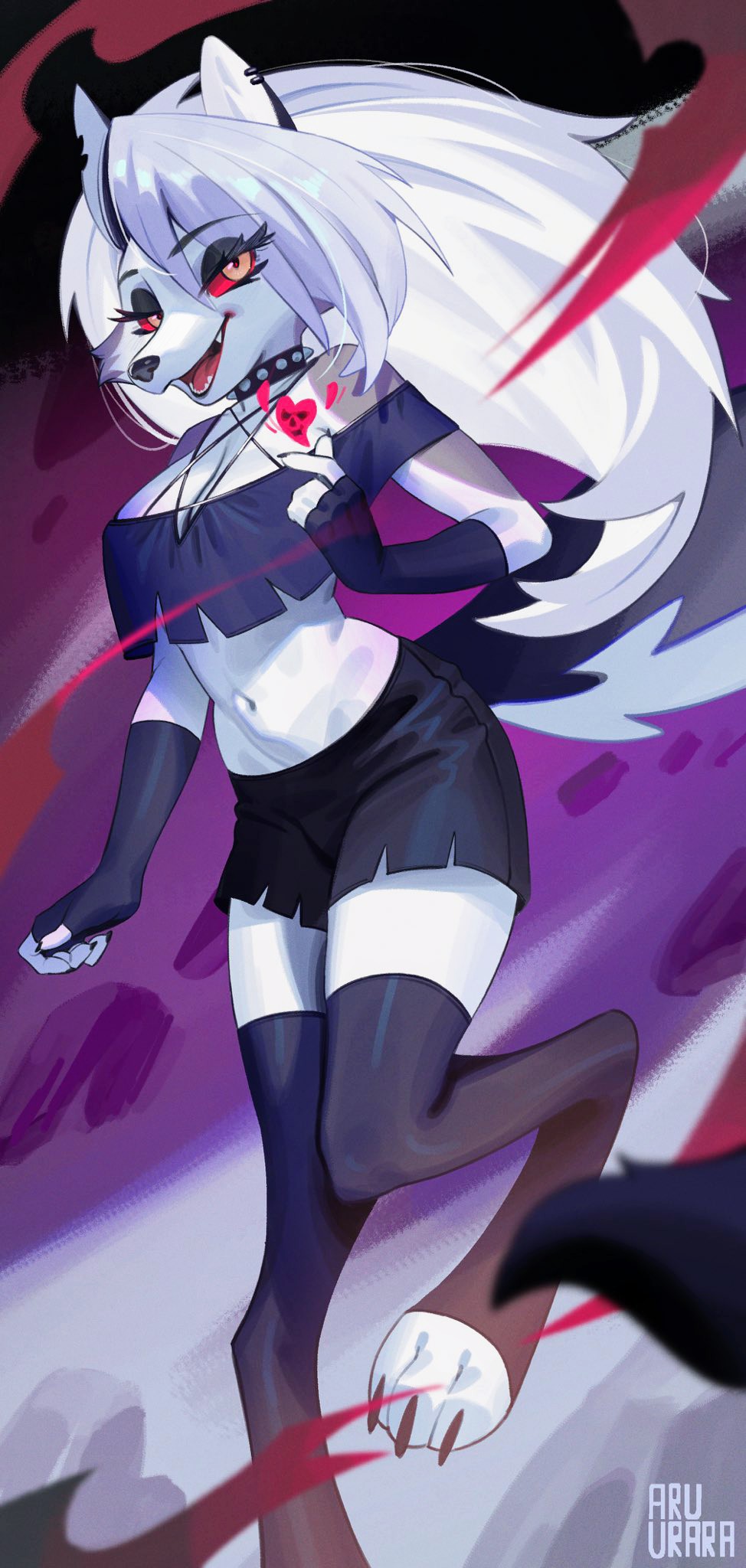 1girls anthro artist_name aruurara ass breasts claws clothed clothing collar earrings fingerless_gloves furry furry_female half-closed_eyes helluva_boss long_hair loona_(helluva_boss) navel open_smile red_sclera smile spiked_collar teeth tongue white_eyes white_hair wolf wolf_ears wolf_girl wolf_tail