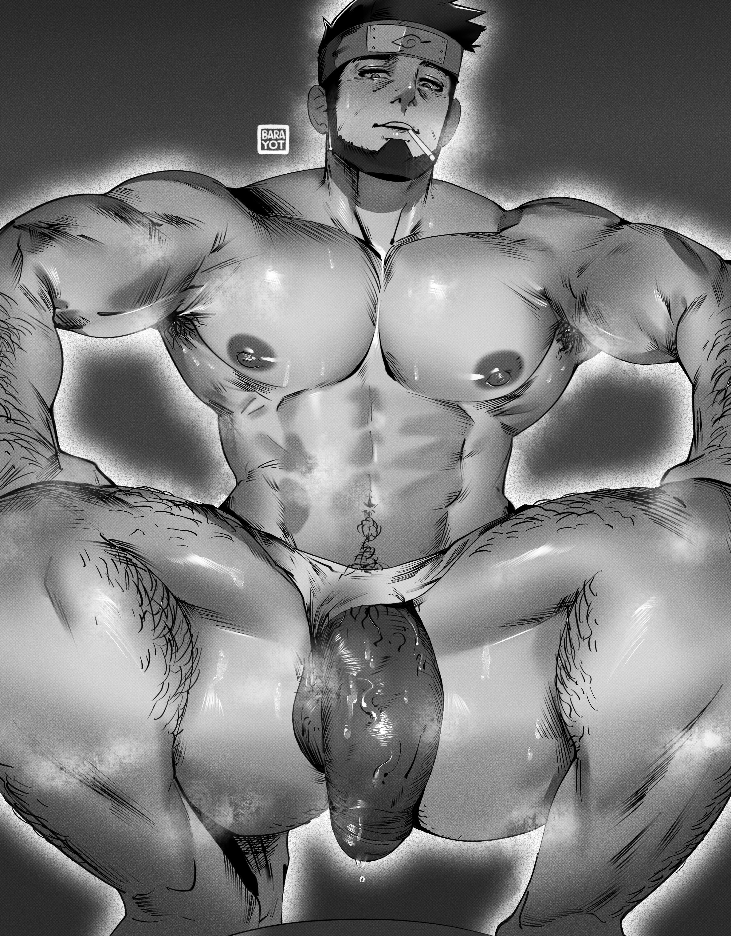 1boy, abs, arm hair, armpit hair, bara, barayot, beard, big pecs, big penis, buff, completely naked, completely nude, flaccid, flaccid penis, foreskin, gay, gay male, hi res, leg hair, looking at viewer, male, male focus, male only, monochrome, muscles, muscular, muscular arms, muscular legs, muscular male, naked, naked male, naruto, naruto (series), nude, nude male, pecs, pectorals, penis, presenting, sarutobi asuma, solo, solo focus, solo male, standing, steam, steamy, sweat, uncircumcised, uncut, underwear, underwear aside, yaoi