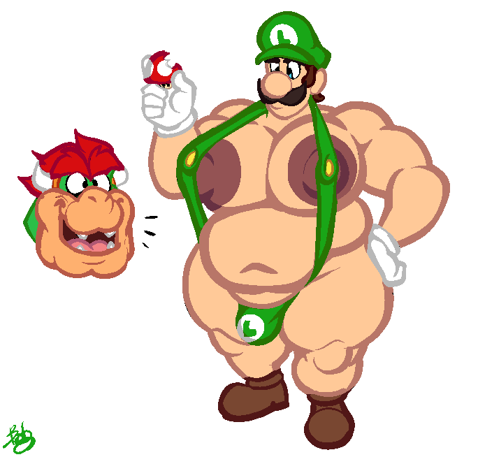 2boys bara bara_tiddies bara_tits big_belly big_nipples bobthetanuki bowser bulge excited extrasizedbob gay growth hand_on_hip hat horns huge_moobs luigi male male_only male_weight_gain manboobs mankini mario_(series) moobs moustache multiple_boys mushroom solo_focus super_mario_bros. super_mushroom