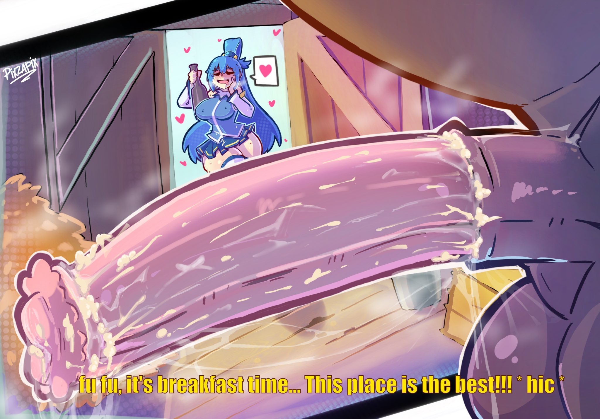 1animal, 1boy, 1girls, 2d, 2d (artwork), animal genitalia, aqua (konosuba), bestiality, blue hair, breasts, dialogue, drunk, english text, equid, equine, equine genitalia, equine penis, female, feral, feral smegma, flared penis, heart, hi res, hips, horse, horse penis, horsecock, huge breasts, huge cock, imminent bestiality, imminent sex, interspecies, kono subarashii sekai ni shukufuku wo!, long hair, male, penis, pixzapix, presenting, smegma, text, thick thighs, thighs, uncensored, wide hips, zoophilia