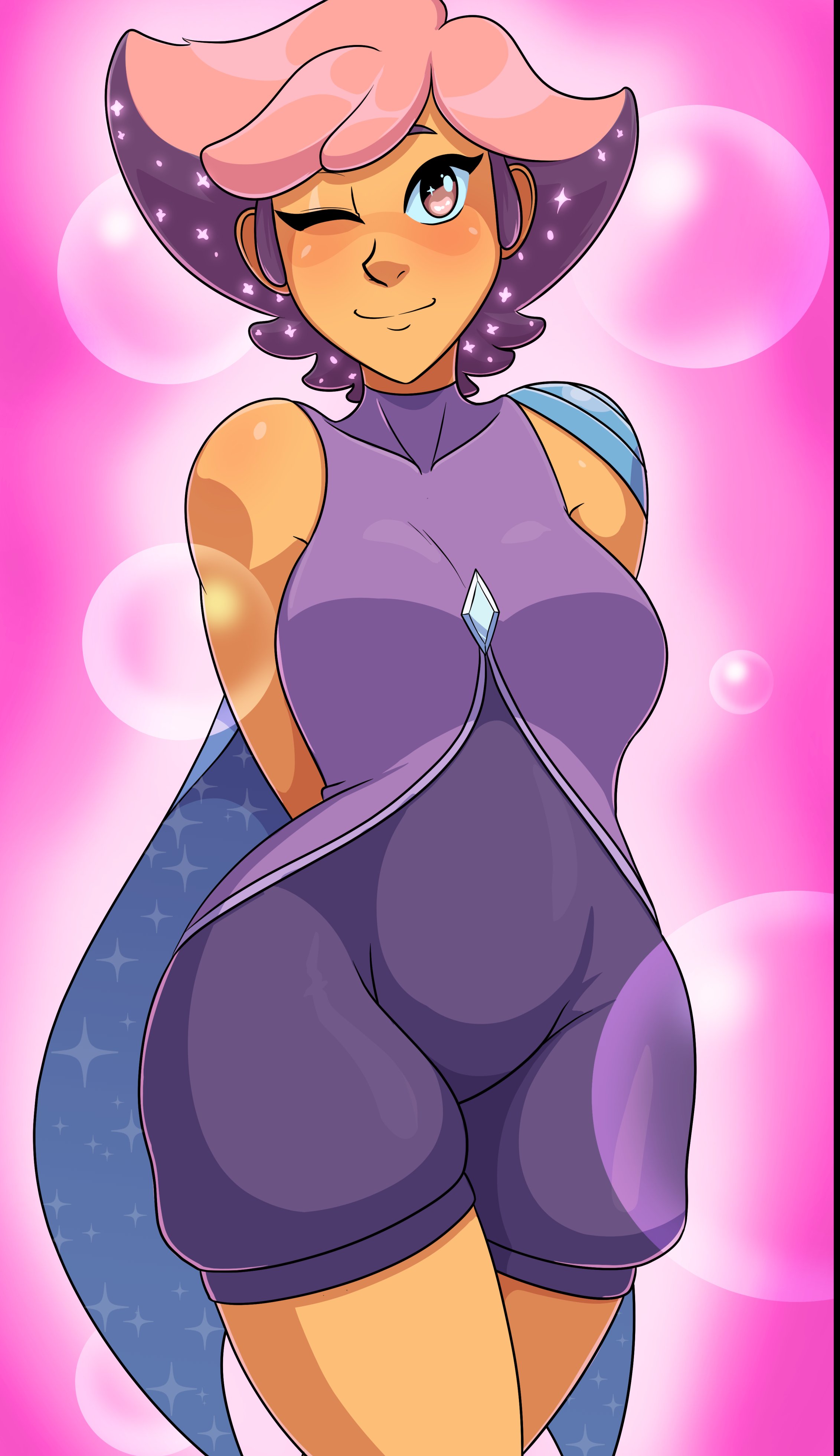 1girls, arms behind back, breasts, clothed, clothed female, eyelashes, female, female focus, female only, glimmer (she-ra), glittering hair, hips, looking at viewer, medium breasts, medium hair, nsfani, pink hair, she-ra and the princesses of power, short hair, smile, solo, solo focus, sparkles, standing, tagme, thick thighs, thighs, wink, winking, winking at viewer