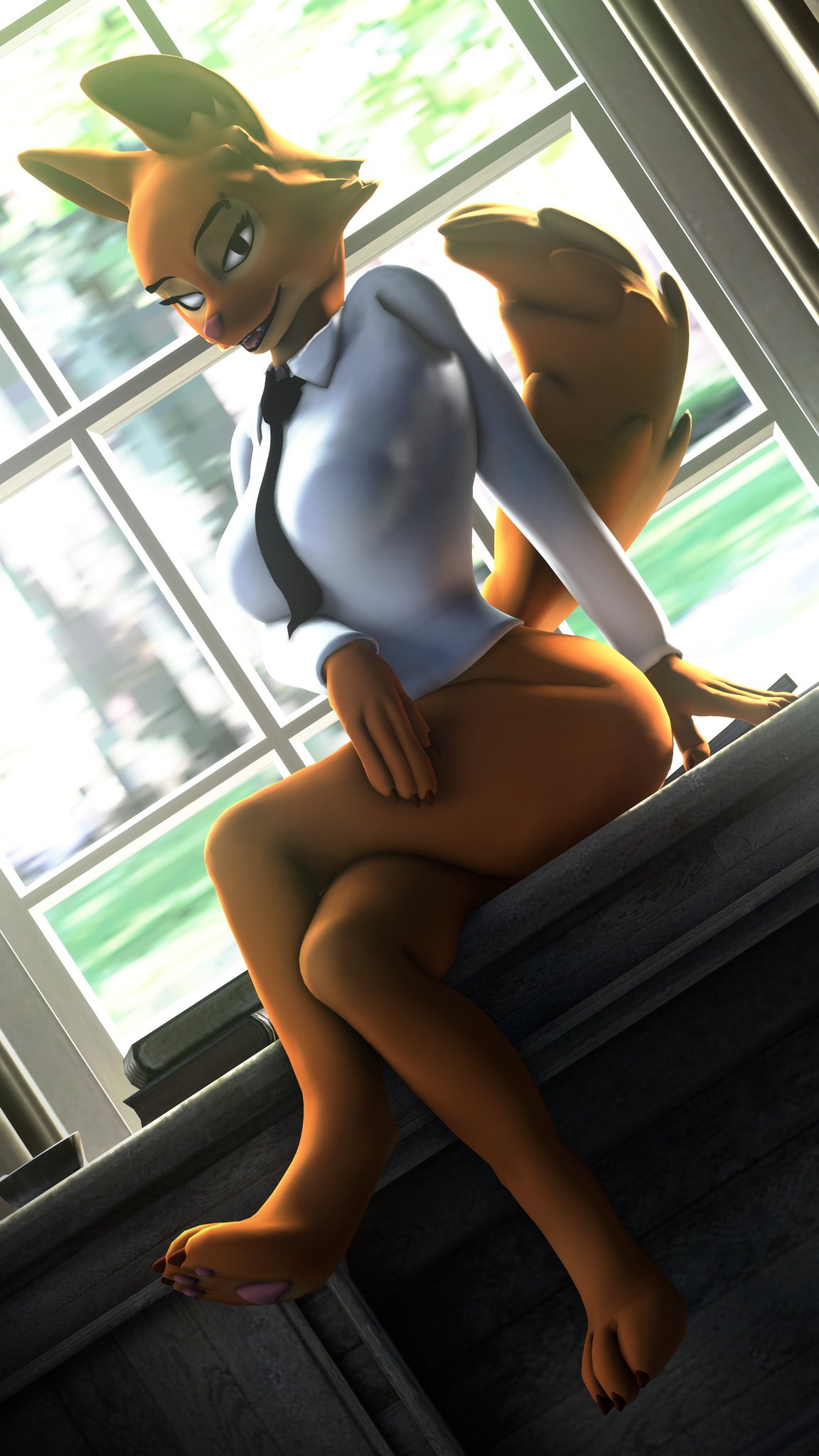 1girls 3d 3d_(artwork) alternate_version_available anthro bedroom_eyes bottomless crossed_legs diane_foxington dreamworks female female_only fox furry guyinslippers hi_res looking_at_viewer mammal orange_fur the_bad_guys