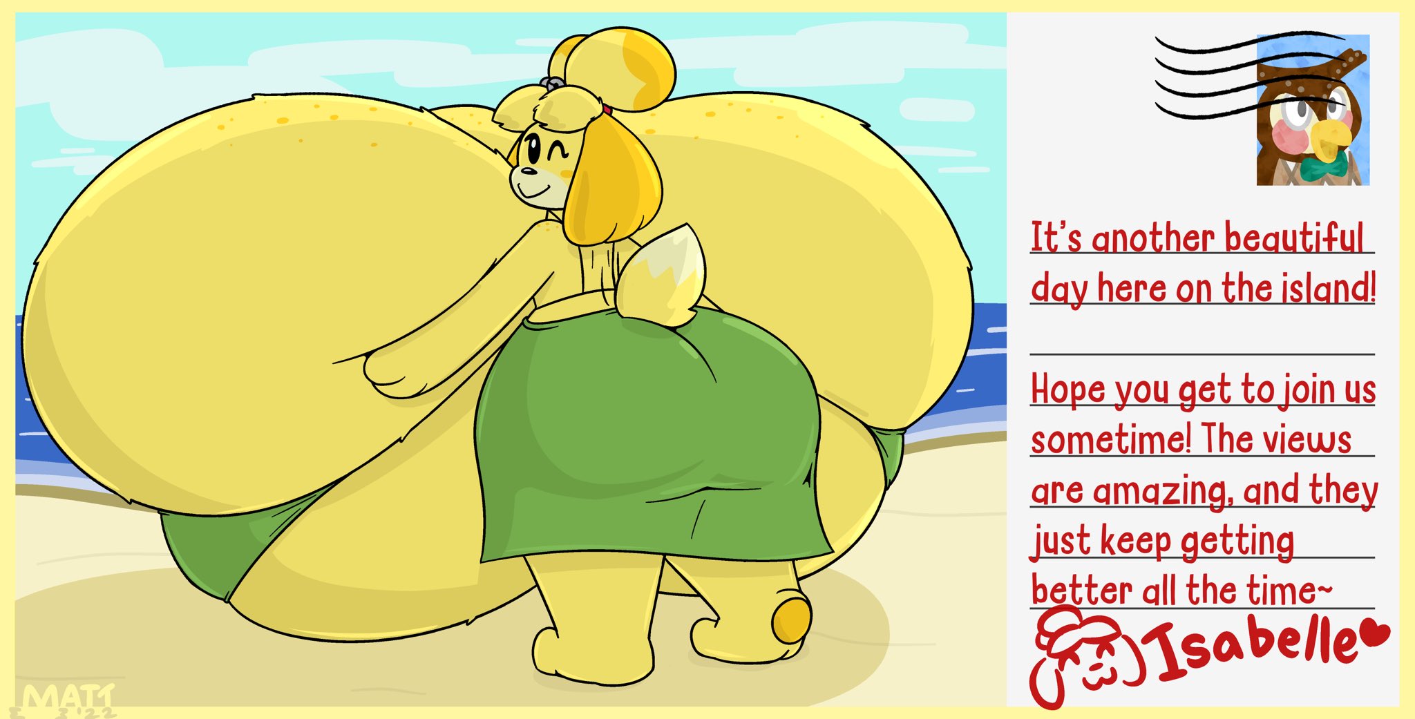 1girls, animal crossing, anthro, beach, breast expansion, breast growth, breast growth (enlargement), breasts, canine, dog girl, english text, expansion, female, furry, heart, hyper, hyper breasts, isabelle (animal crossing), massive breasts, mattthetooncat, nintendo, text