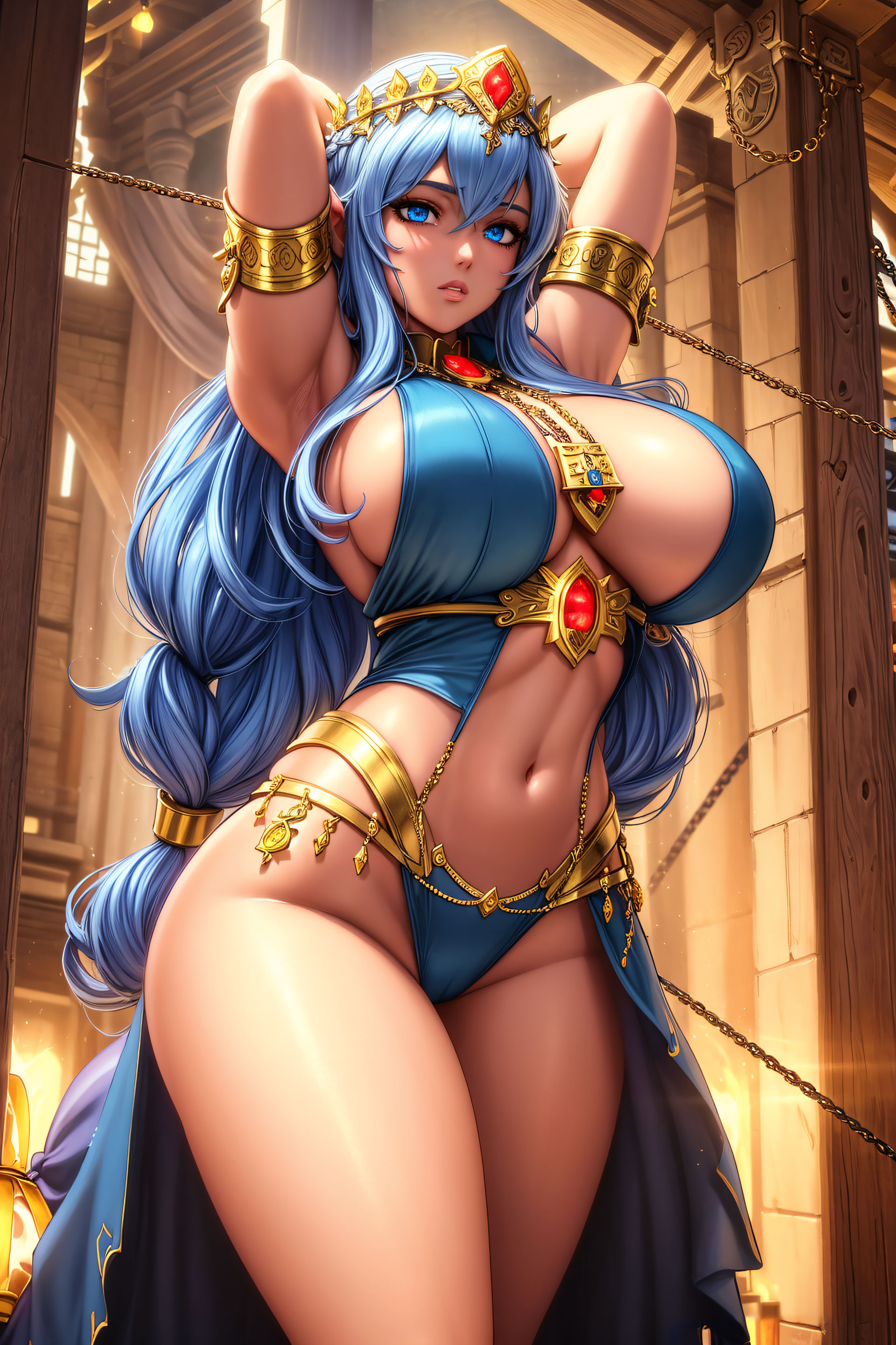 ai generated, armlet, arms up, big breasts, blue eyes, blue hair, breasts, cleavage, female, female only, headwear, jewelry, large breasts, long hair, navel, necklace, priestess, revealing clothes, sideboob, solo, stable diffusion, thick thighs
