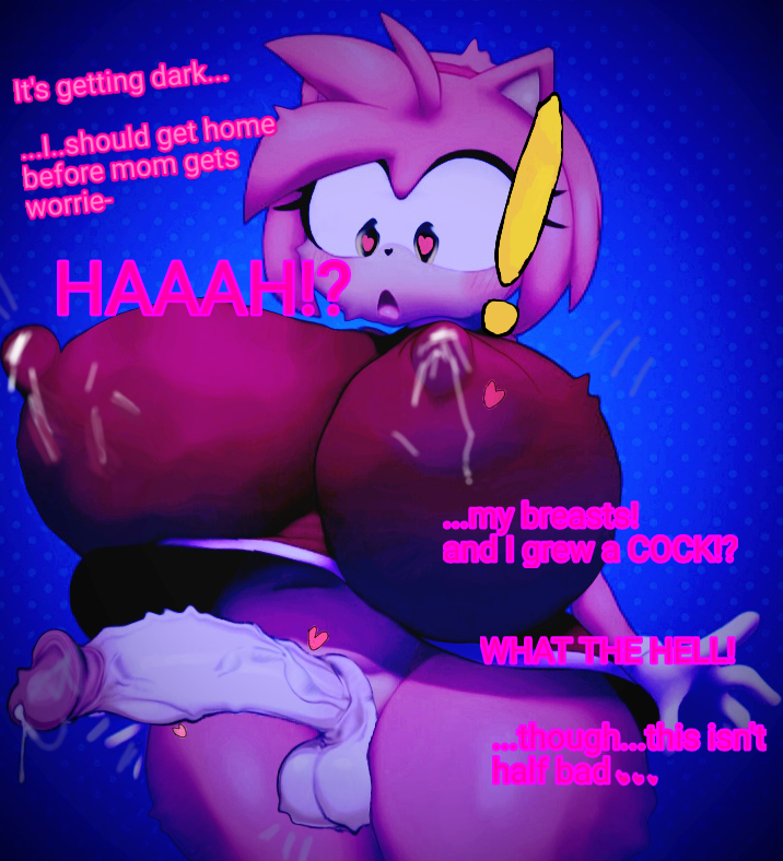 1futa 69anon69_(edit) amy_rose anthro balls big_breasts black_nose blush breast_expansion breasts cham22 clothed clothing cock collaboration dialogue digital_media_(artwork) edit english_text eulipotyphlan eyelashes female futanari futanari_transformation genitals gloves handwear heart-shaped_pupils lactating lactation night penis_growth sadflowerhappy sonic_(series) sonic_the_hedgehog_(series) spiky_cock text transformation