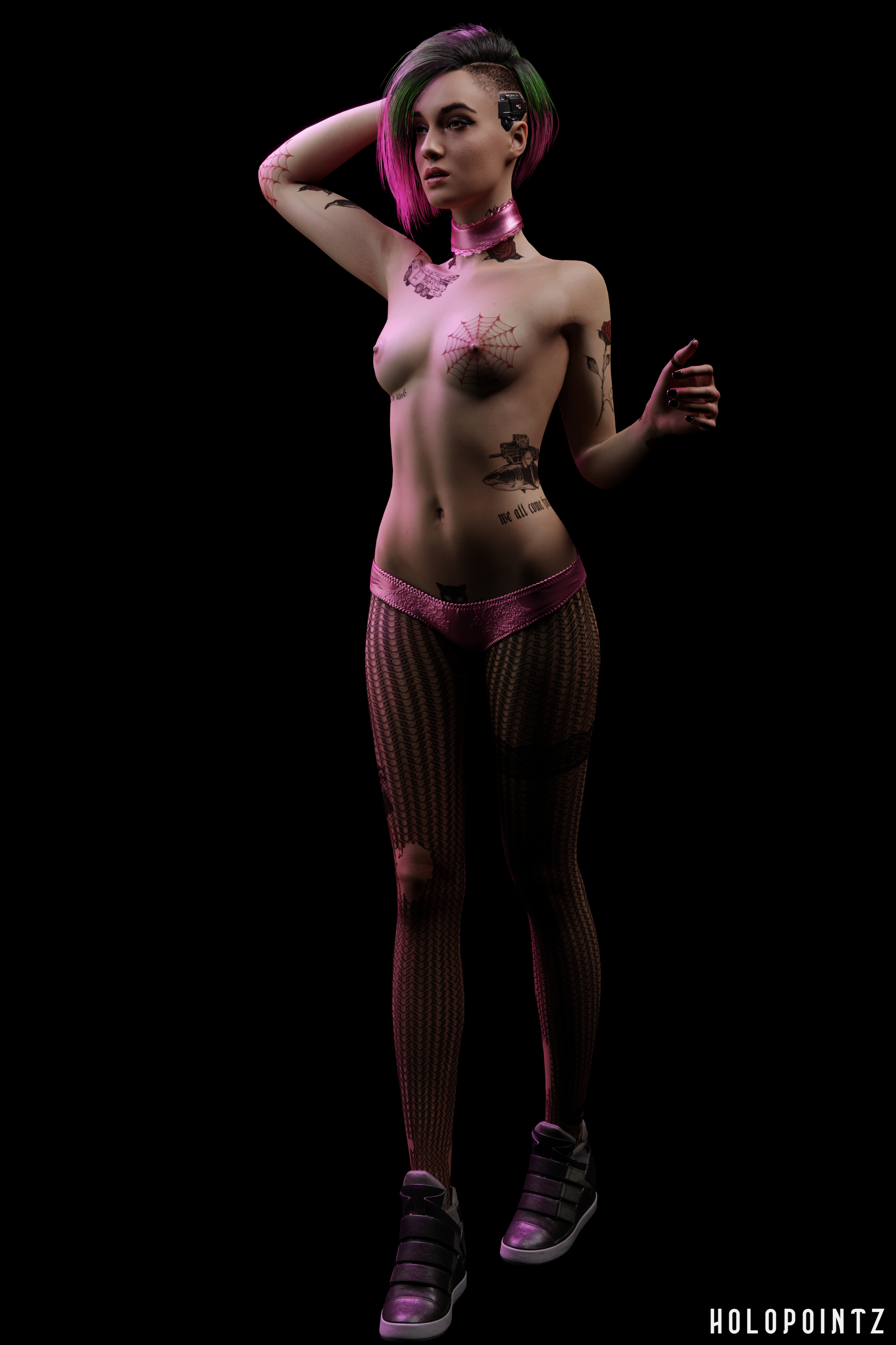 3d, 4k, breasts, cyberpunk 2077, female, female focus, female only, fishnets, holopointz, judy alvarez, light skin, light-skinned female, nipples, panties, self upload, solo, solo female, solo focus, stockings, tattoo, tattoo on belly, tattooed arm, tattoos, topless, topless female, underwear