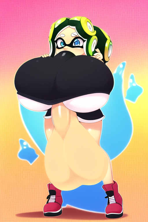 ai_generated autopaizuri black_and_green_hair black_shirt black_shorts blue_eyes fully_clothed futanari hand_on_breast hyper_balls hyper_breasts hyper_penis nai_diffusion novelai penis_in_shirt pullthetriggeryoubitch shoes splatoon standing tagme tentacle_hair