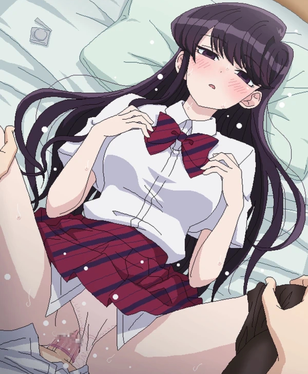 bed, black hair, blush, censored, condom, female, komi shouko, komi-san wa komyushou desu, mosaic censoring, panties aside, pussy, safe sex, school uniform, sex, shy, skirt, spread legs, stockings, student, tadano hitohito, tagme, tomu (tomubobu), vaginal penetration