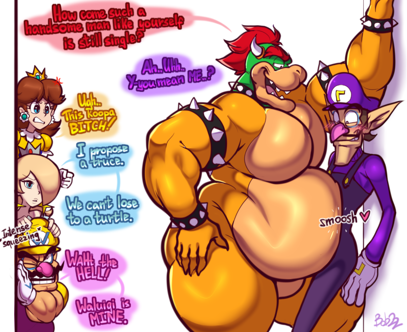 2girls 3boys against_wall angry bara belly_press bhm big_belly blush bobthetanuki bowser dialogue duo_focus english_text extrasizedbob female flirting gay heart horns interspecies jealous male male_focus mario_(series) multiple_boys multiple_girls nintendo overweight overweight_male pink_nose pressing_against princess_daisy princess_rosalina speech_bubble text waluigi wario