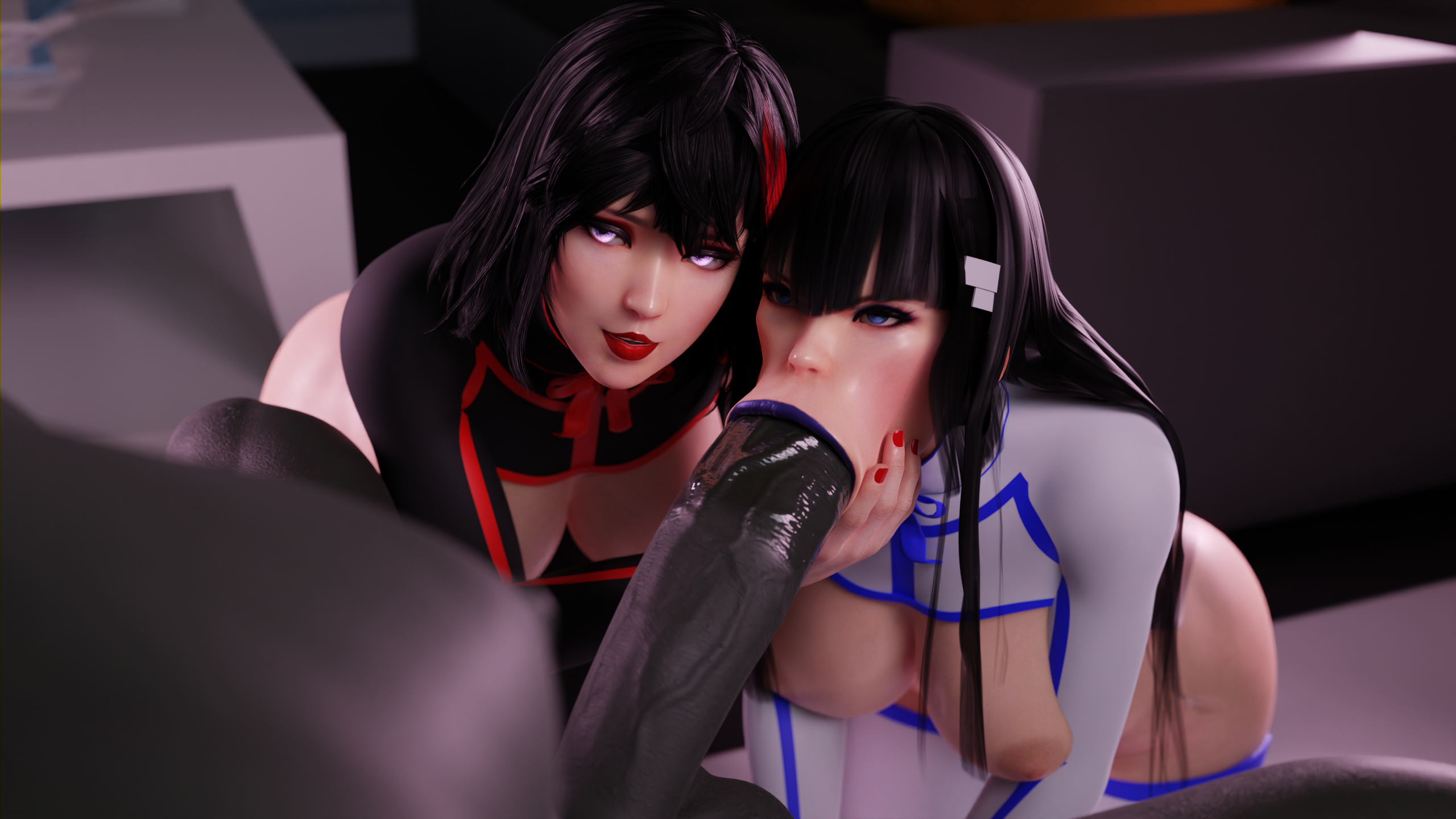 :>=, 3d, black hair, dark skin, dark-skinned male, fellatio, female, interracial, kill la kill, kiryuuin satsuki, male, matoi ryuuko, tagme, tmgsando, unhinged jaw