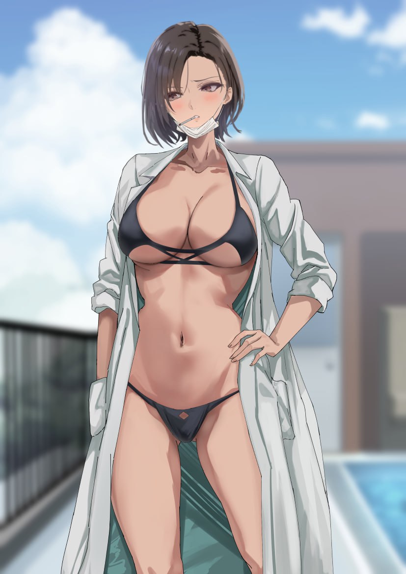 big_breasts bikini black_bikini black_bikini_bottom black_bikini_top blush cigar cigarette cigarette_in_mouth hand_on_waist hands_in_pocket large_breasts mask milf navel original original_character robe short_hair swimming_pool swimwear thighs