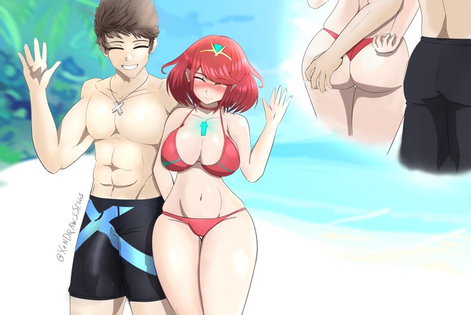 ass ass_grab beach big_breasts bikini bulge core_crystal couple embarrassed muscles nintendo pyra rex_(xenoblade) stealth_ass_grab swimsuit tagme teasing wide_hips xendrawsseggs xendrawsthings xenoblade_(series) xenoblade_chronicles_2