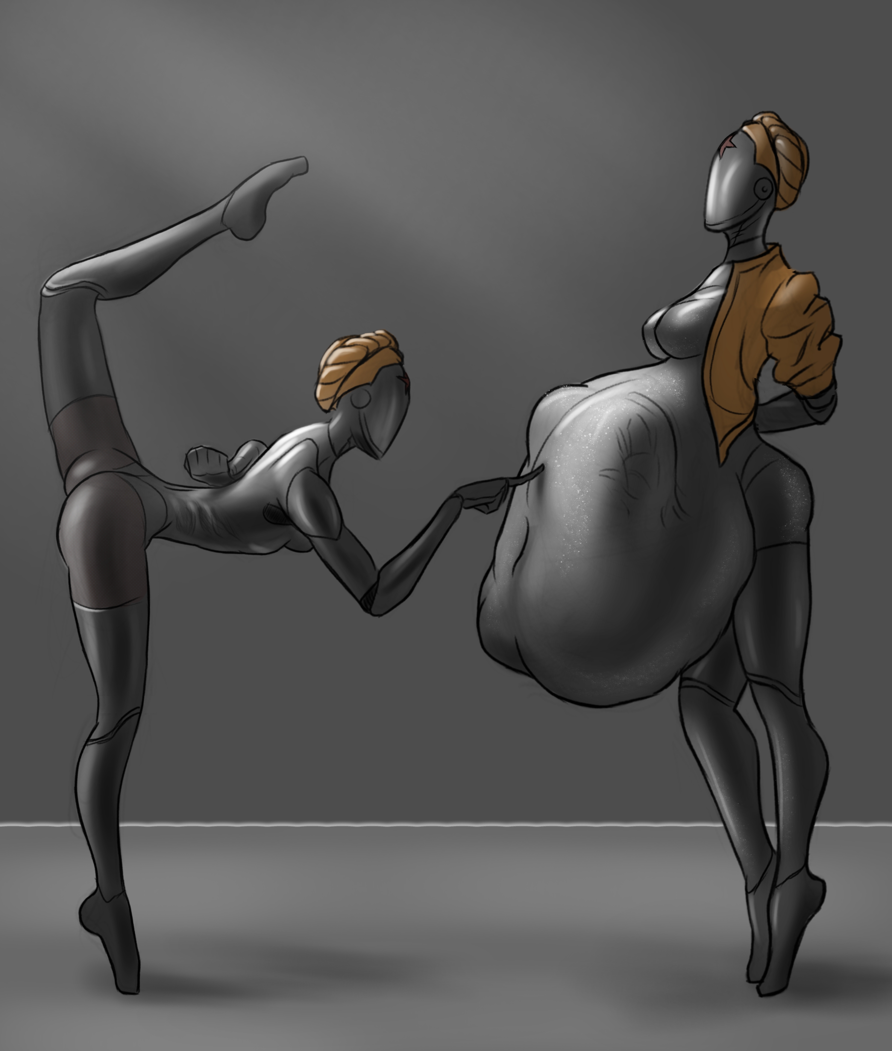 2girls, atomic heart, belly, belly bulge, bending over, big belly, big belly bulge, blonde hair, detailed bulge, faceless female, female, female only, hand imprint, jacket, left (atomic heart), multiple females, multiple girls, right (atomic heart), robot, robot girl, robot humanoid, the twins (atomic heart), tiptoes, vore