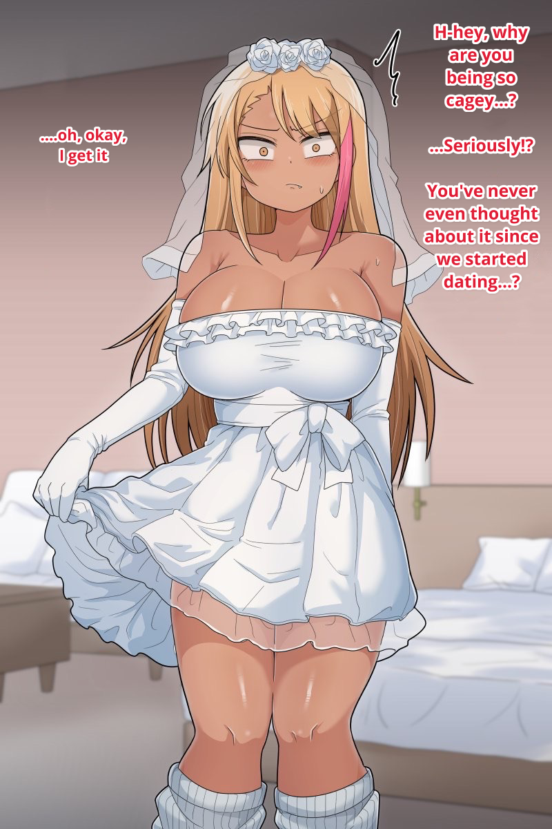 1futa, breasts, clothed, clothing, dakkoku jiro, dark skin, dark-skinned futa, dialogue, dress, edit, english dialogue, english text, fully clothed, futa only, futanari, gyaru, human, intersex, pov, solo, solo futa, standing, tagme, text, wedding dress