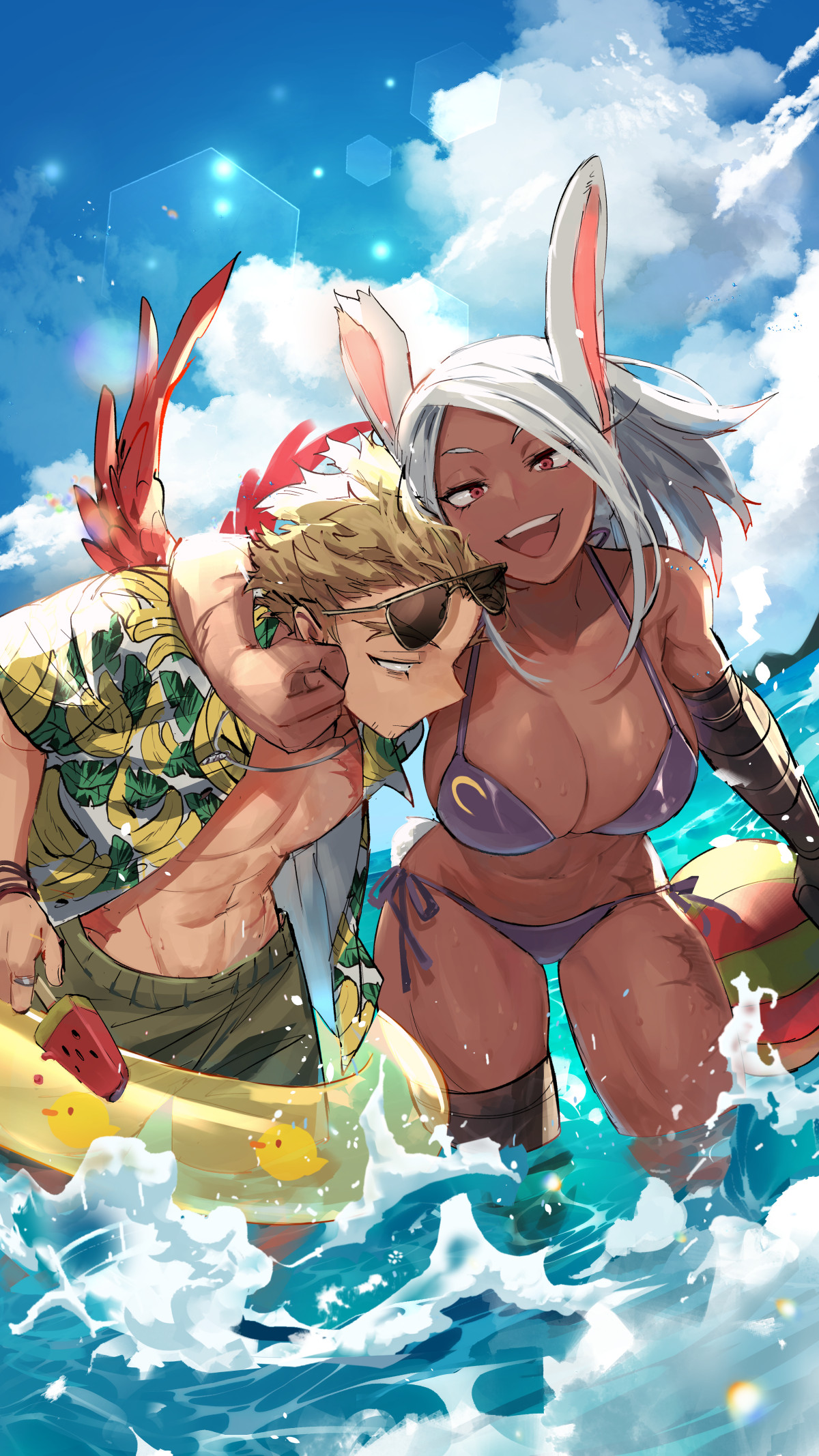 1boy, 1girls, 2024, abs, animal ears, athletic, athletic female, beach, beach ball, big breasts, bikini, blue sky, breasts, brown hair, bunny ears, bunny girl, clothing, dark skin, dark-skinned female, duo, female, female focus, fit, fit female, floatie, hawks (my hero academia), hi res, kadeart, keigo takami, kemonomimi, large breasts, lens flare, looking at breasts, looking at partner, looking at viewer, male, miruko, my hero academia, navel, ocean, open mouth, popsicle, prosthetic, red eyes, ring, rumi usagiyama, scar, skin tight, slim waist, sunglasses, swimsuit, thick thighs, toned, water, white hair, wide hips, wings
