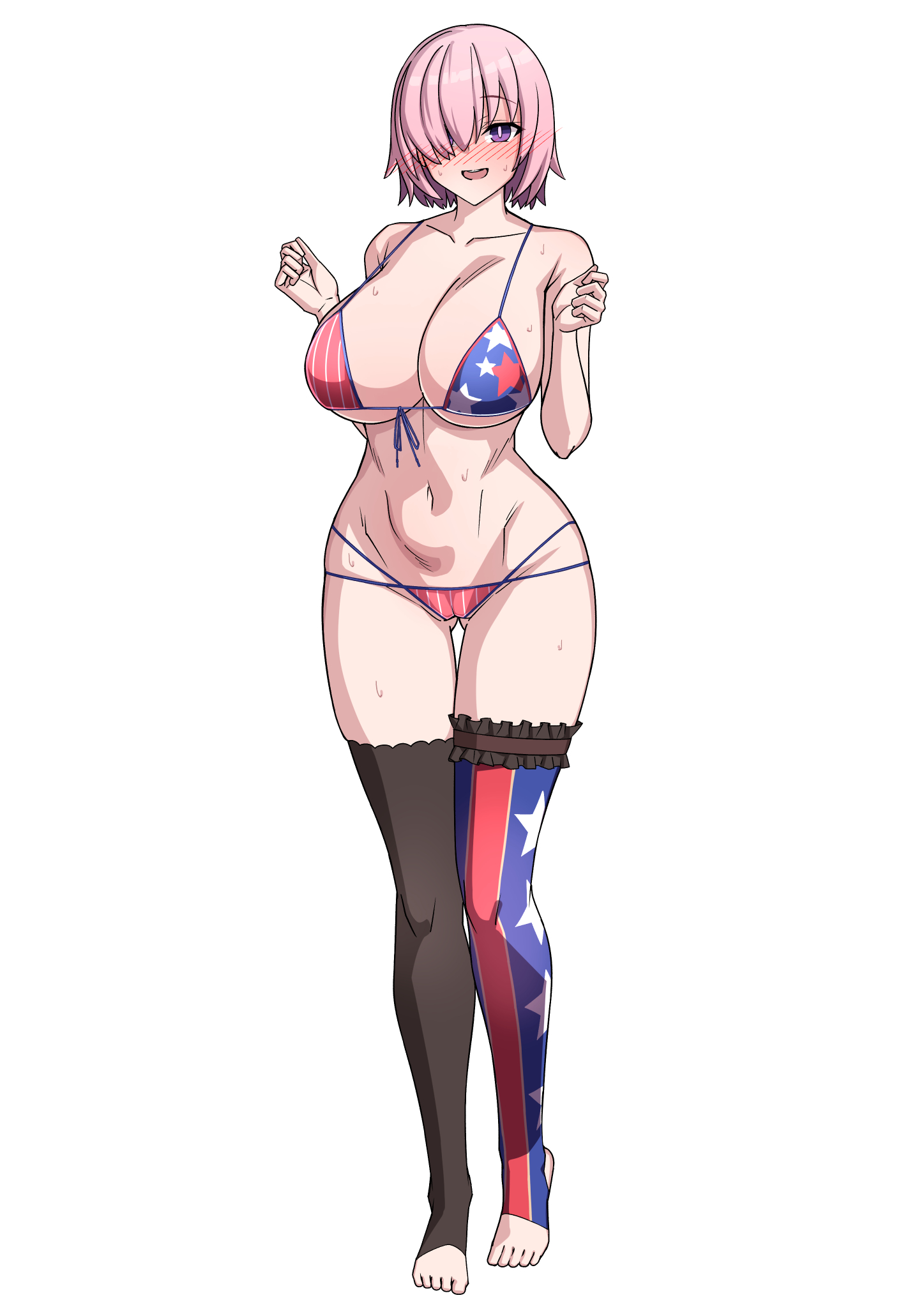 1girls, 2023, big breasts, bikini, blush, blush lines, blushing at viewer, breasts, breasts bigger than head, cleavage, cosplay, deep blush, fate (series), fate/grand order, feet, female, female only, full body, hair over one eye, happy female, horny female, human, human only, large breasts, looking at viewer, mash kyrielight, miyamoto musashi (fate), miyamoto musashi (swimsuit berserker), miyamoto musashi (swimsuit berserker) (cosplay), muta poo, pink hair, purple eyes, short hair, solo, solo female, standing, sweat, swimsuit, tagme, twitter, white background, wholesome