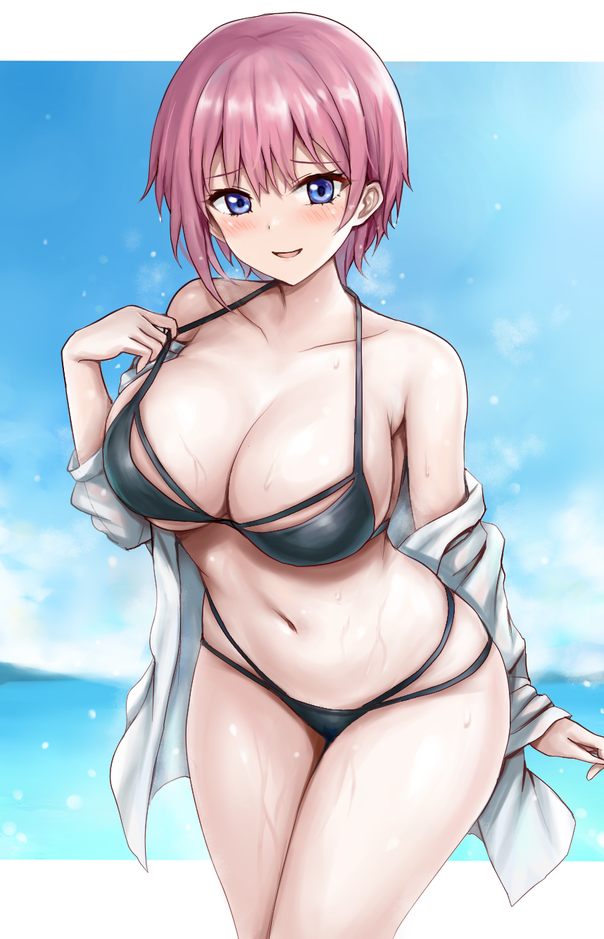 1girls blue_eyes blush breasts female go-toubun_no_hanayome highres large_breasts leaning_forward letterboxed nakano_ichika navel off_shoulder pink_hair pulled_by_self r-binon shirt short_hair smile solo stomach strap_pull swimsuit thighs wet white_shirt