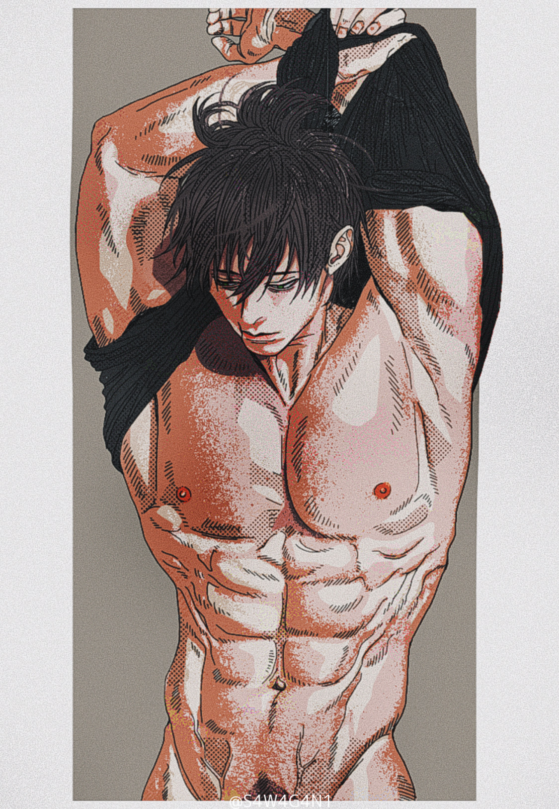 1boy, abs, armpits, biceps, black hair, blue eyes, bottomless, clothes lift, exposed torso, jujutsu kaisen, light skin, light-skinned male, male, male focus, male only, muscular, muscular male, narrow waist, no underwear, obliques, partially clothed, pecs, pectorals, pubic hair, s4w4g4n1, scar, shirt, shirt lift, six pack, solo, solo male, toji fushiguro, topless, topless male, undressing, veins