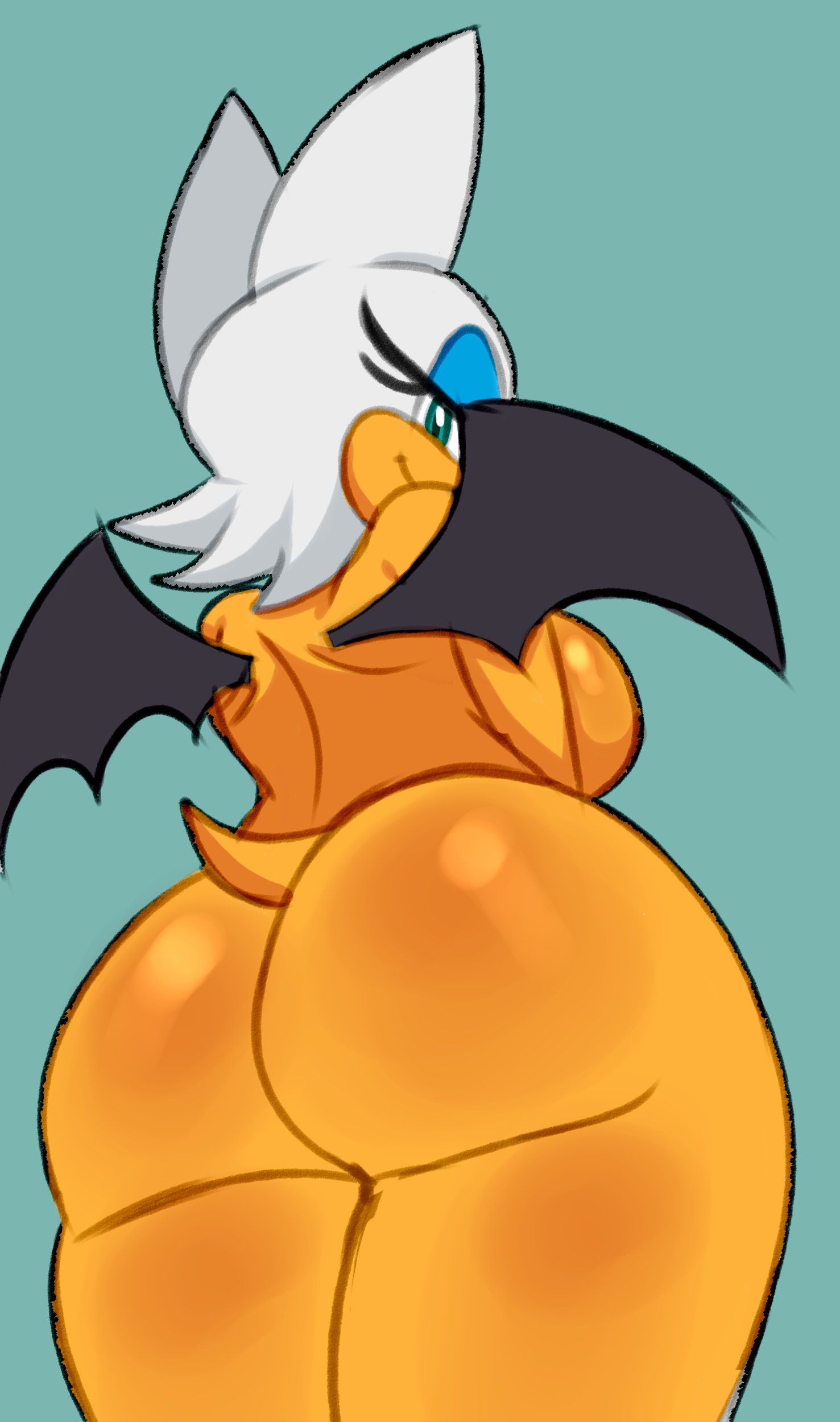 anthro, ass, bare back, bat wings, bedroom eyes, big ass (female), breasts, completely nude, eyelashes, female, huge ass (female), looking back, lueduar, lueduartv, nude, nude female, rouge the bat, shiny ass, shiny skin, sideboob, smile, sonic (series), sonic the hedgehog (series), standing, tail, tanned skin, viewed from below, white fur