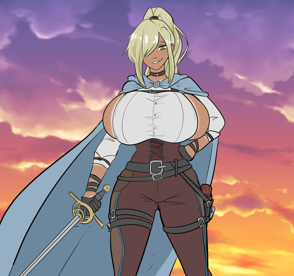 blonde_hair choker dungeons_and_dragons huge_breasts original_character reddandwhyte sideboob smirk smirking_at_viewer swashbuckler sword tan_body tanline tanline_peek