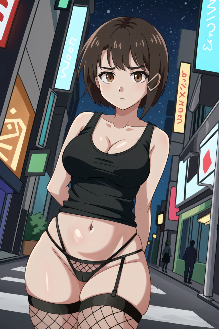 1girls ai_generated bangs black_thong black_topwear brown_eyes brown_hair city city_background cleavage exposed female fishnet_legwear fishnet_pantyhose fishnet_stockings fishnet_thighhighs fishnets gardener_ai hourglass_figure lain_iwakura large_breasts legwear looking_at_viewer midriff navel no_pants panties partially_clothed serial_experiments_lain short_hair skimpy solo_focus stable_diffusion street tank_top thick_thighs thighhighs thong tomboy wide_hips