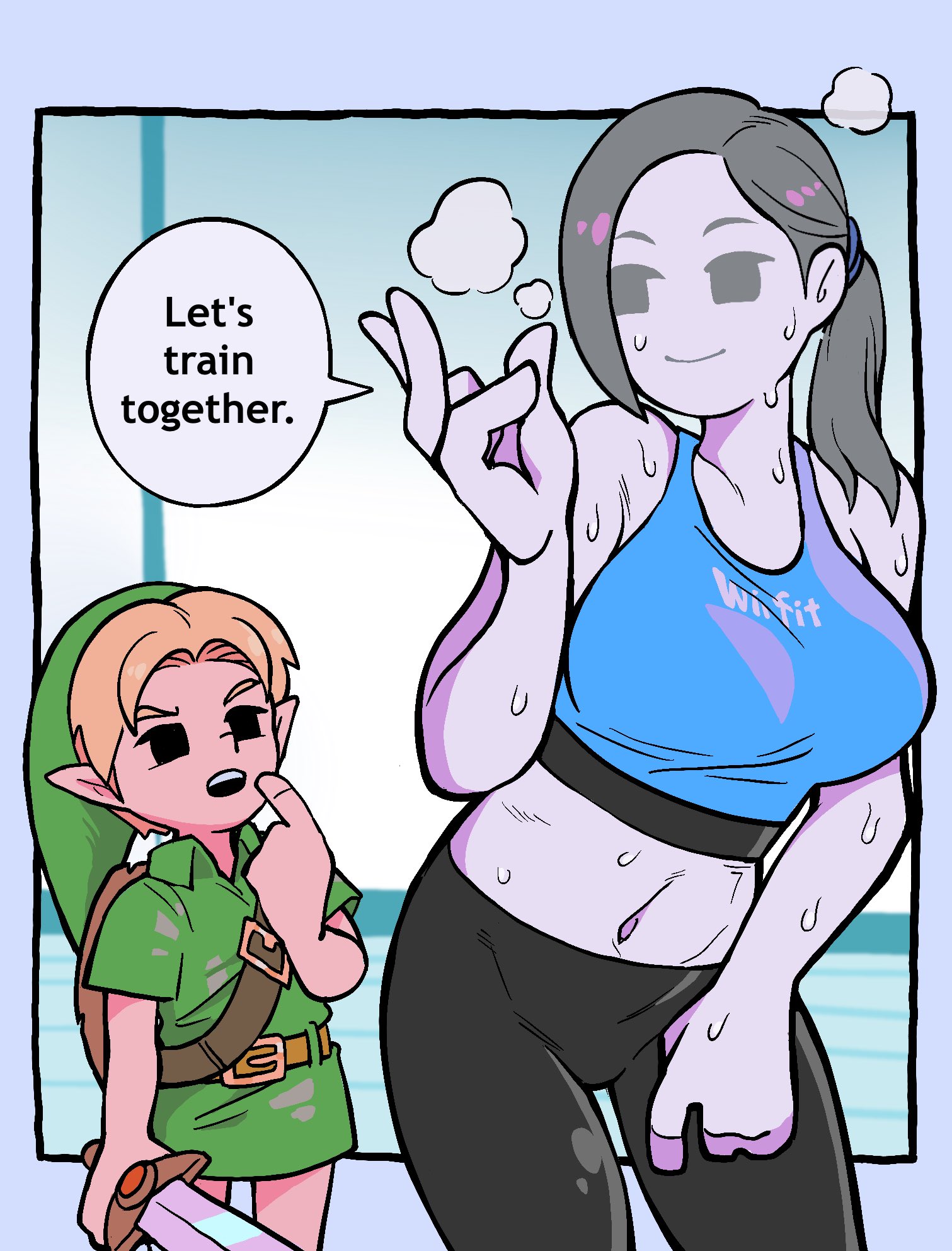 1boy, 1girls, after exercise, blonde hair, breasts, crossover, female, grey hair, hachinos ssb, link, male, navel, nintendo, ocarina of time, pale skin, size difference, speech bubble, steam, steaming body, super smash bros., sweat, sword, the legend of zelda, white skin, wii fit, wii fit trainer, wii fit trainer (female), yoga pants, young link
